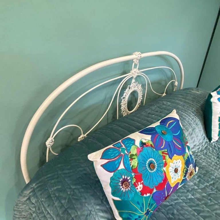 King Size 5' English Delicate All Iron Antique Bed Finished in an off White at 1stDibs