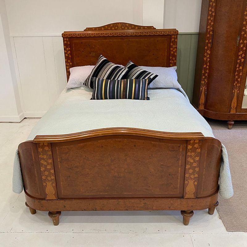 Beveled King Size (5') French Burr Walnut Bed Ivy Leaf Work with Wardrobe and Bedside For Sale