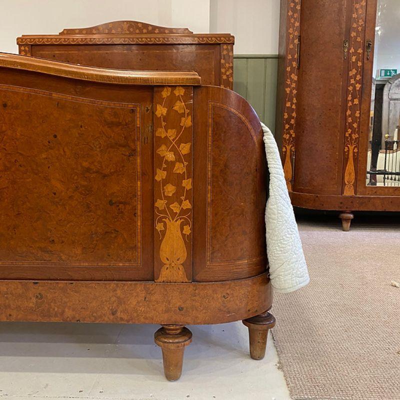20th Century King Size (5') French Burr Walnut Bed Ivy Leaf Work with Wardrobe and Bedside For Sale