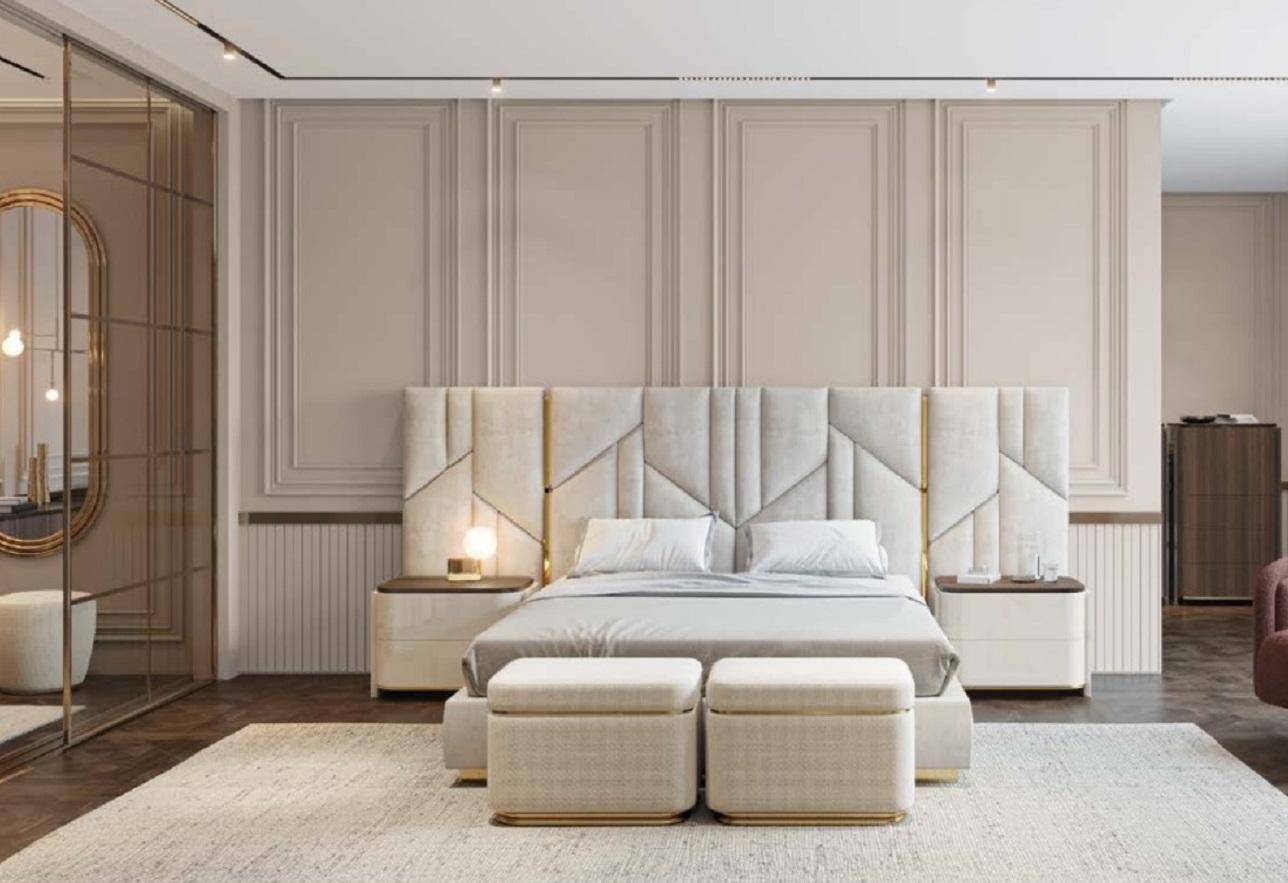 Contemporary luxury style with its striking geometric headboard, featuring three vertically paneled sections adorned with angular stitching for a bold yet harmonious aesthetic. Upholstered in a soft, velvety fabric, it is complemented by sleek
