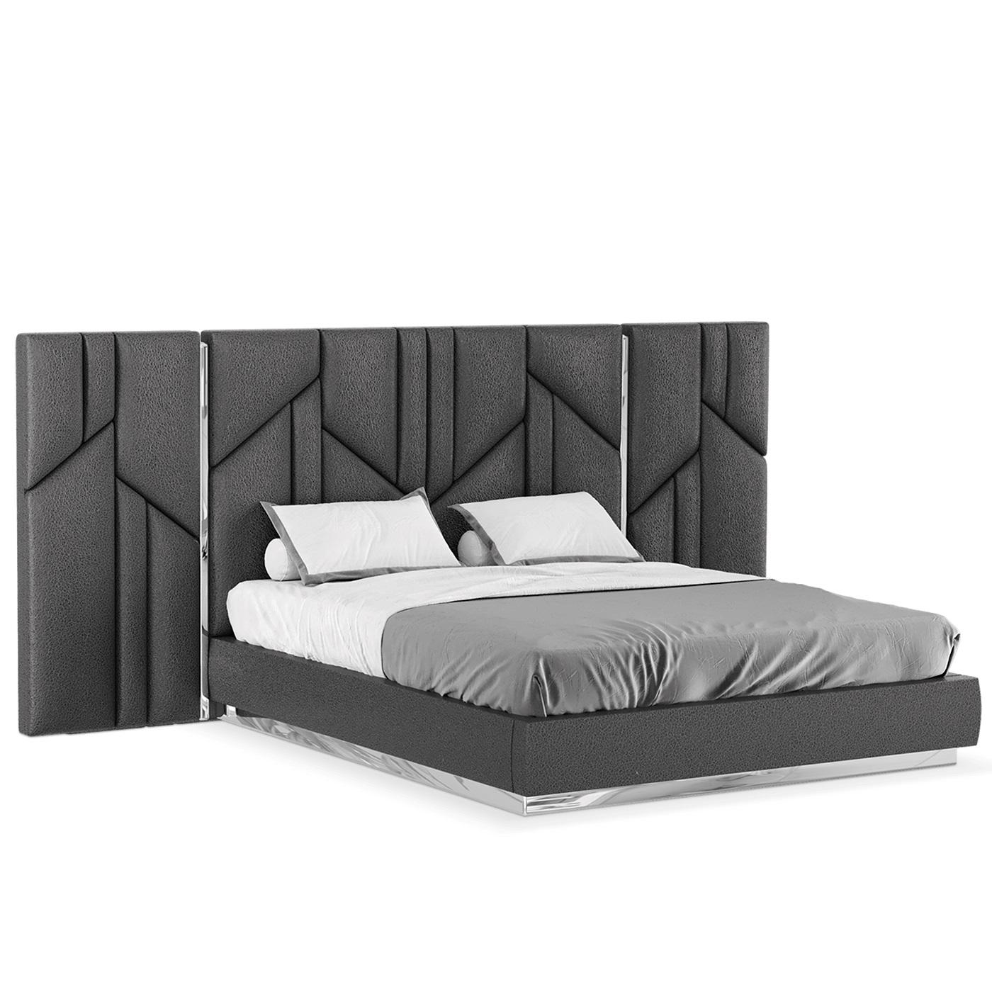 Modern King Size Bed Ft. Luxurious Geometric Headboard Design With Metallic Accents For Sale