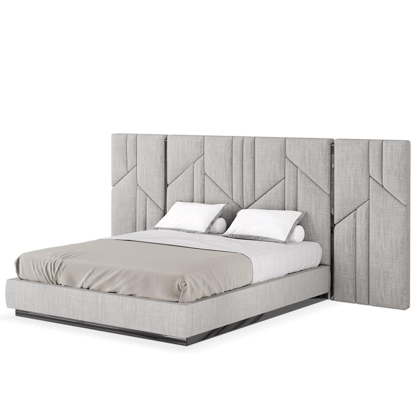 Portuguese King Size Bed Ft. Luxurious Geometric Headboard Design With Metallic Accents For Sale