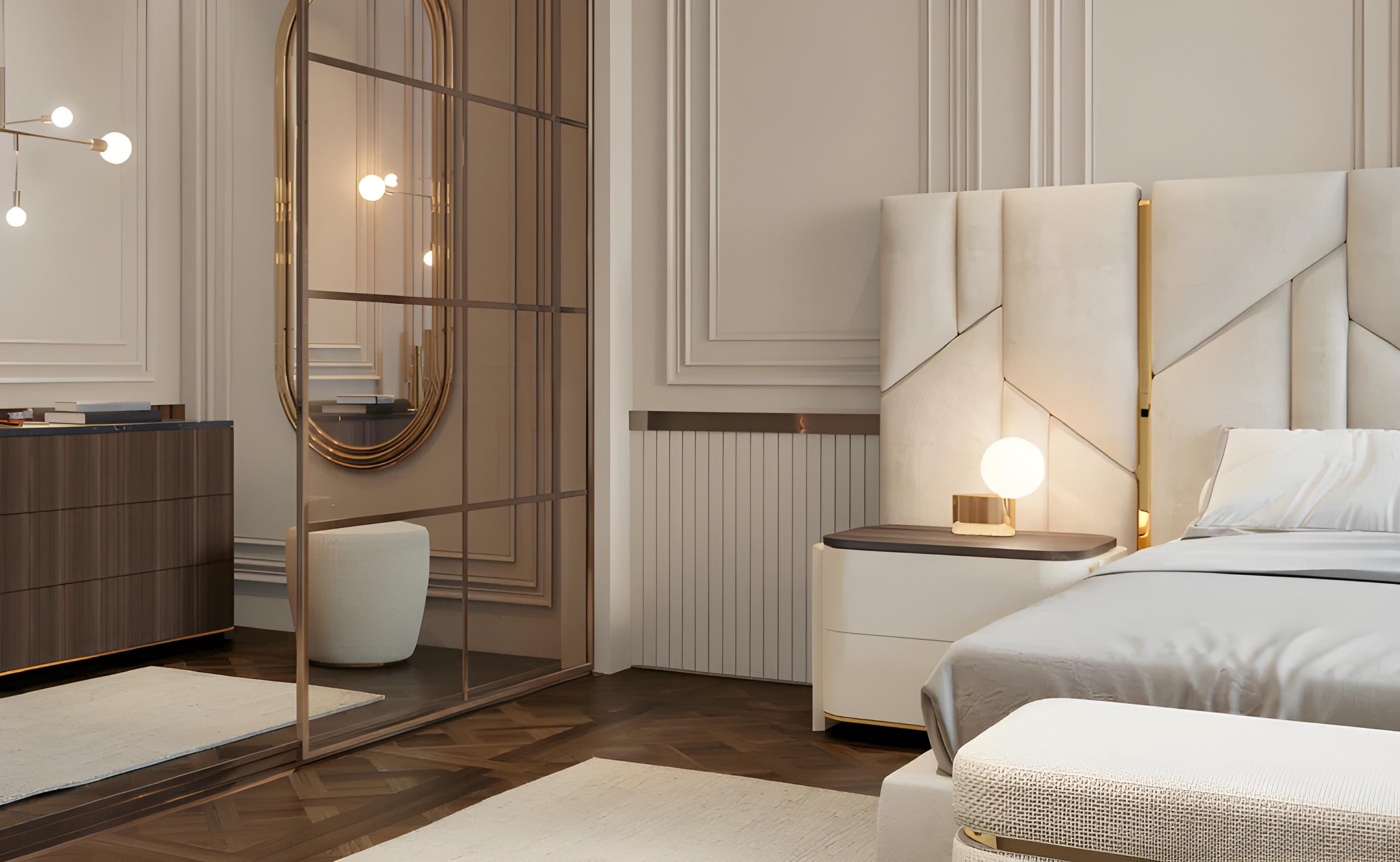 XXIe siècle et contemporain Lit King Size Ft. Luxueuse tête de lit géométrique avec accents métalliques en vente