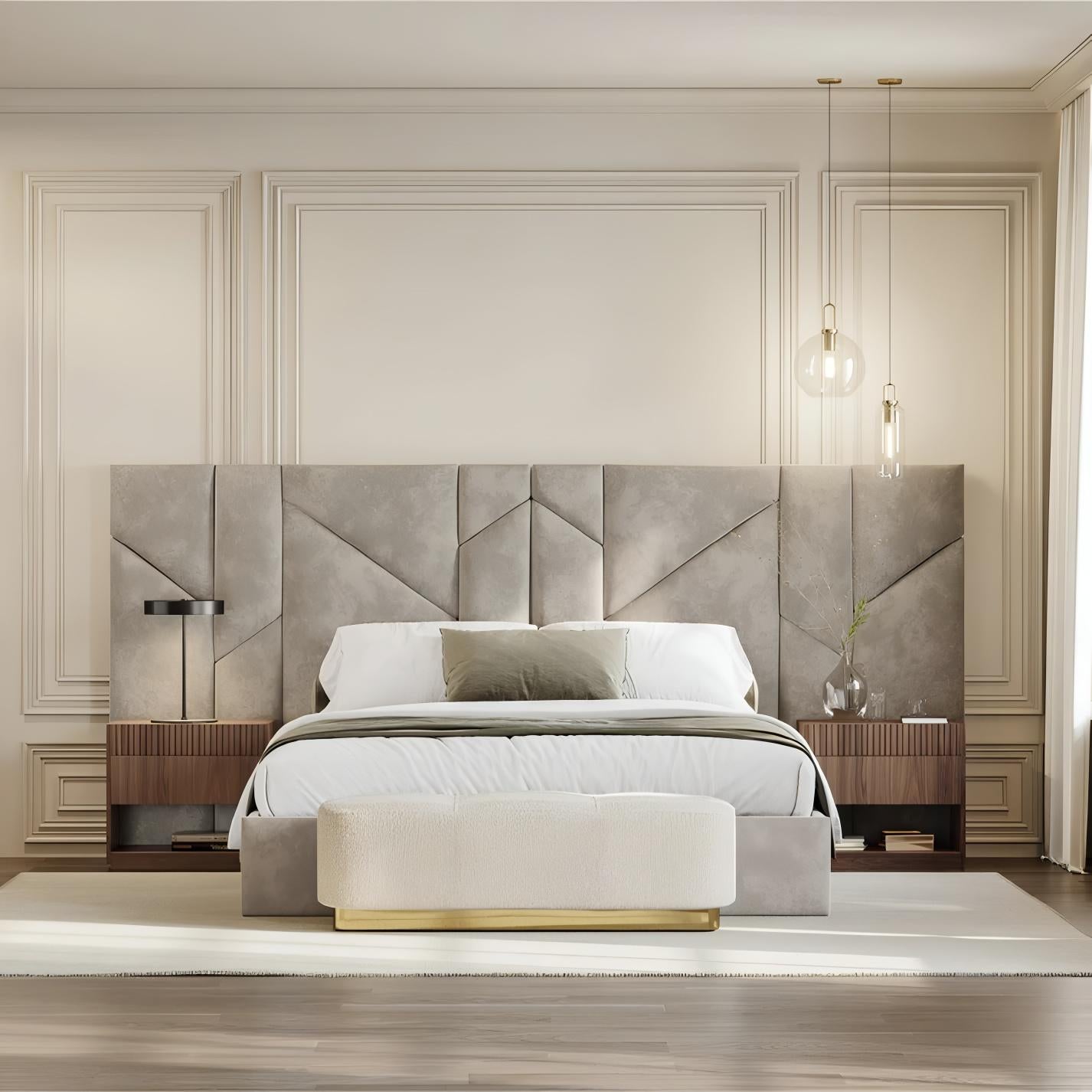 Moderne Lit king size avec cadre et tête de lit tapissés en velours en vente