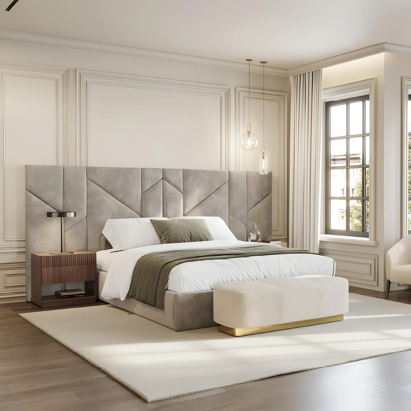 Fait main Lit king size avec cadre et tête de lit tapissés en velours en vente