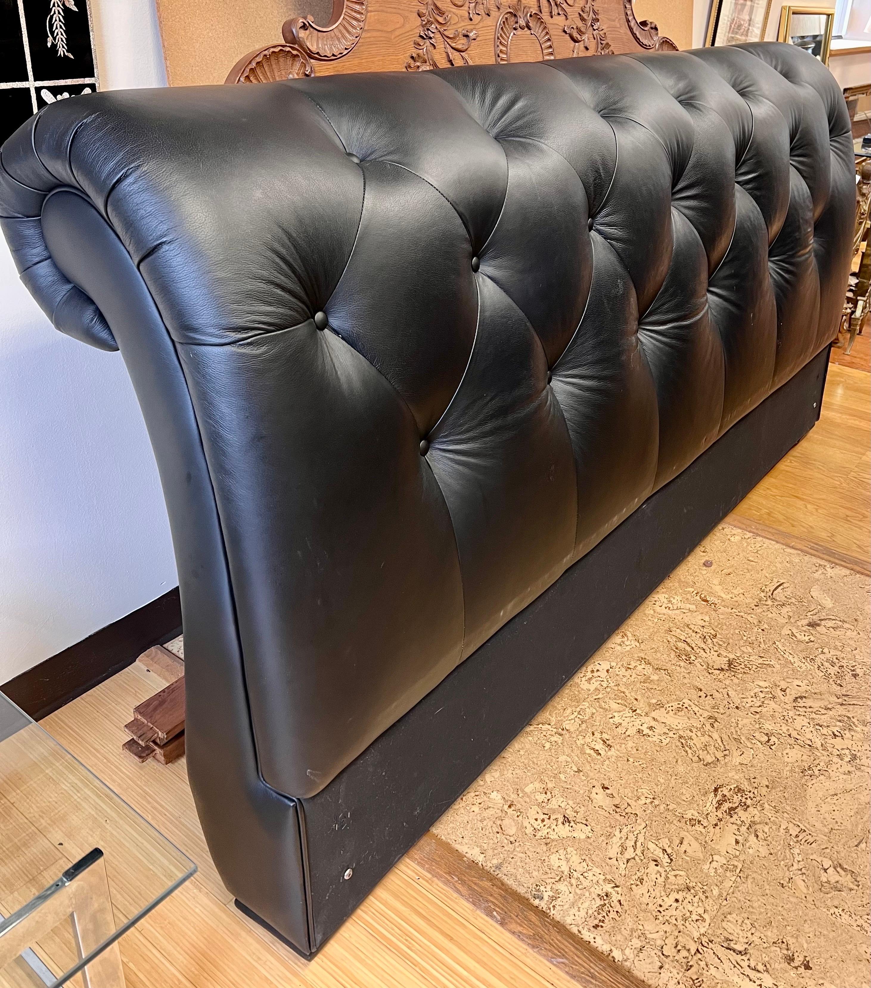 King Size Black Leather Chesterfield Tufted Headboard For Sale at 1stDibs