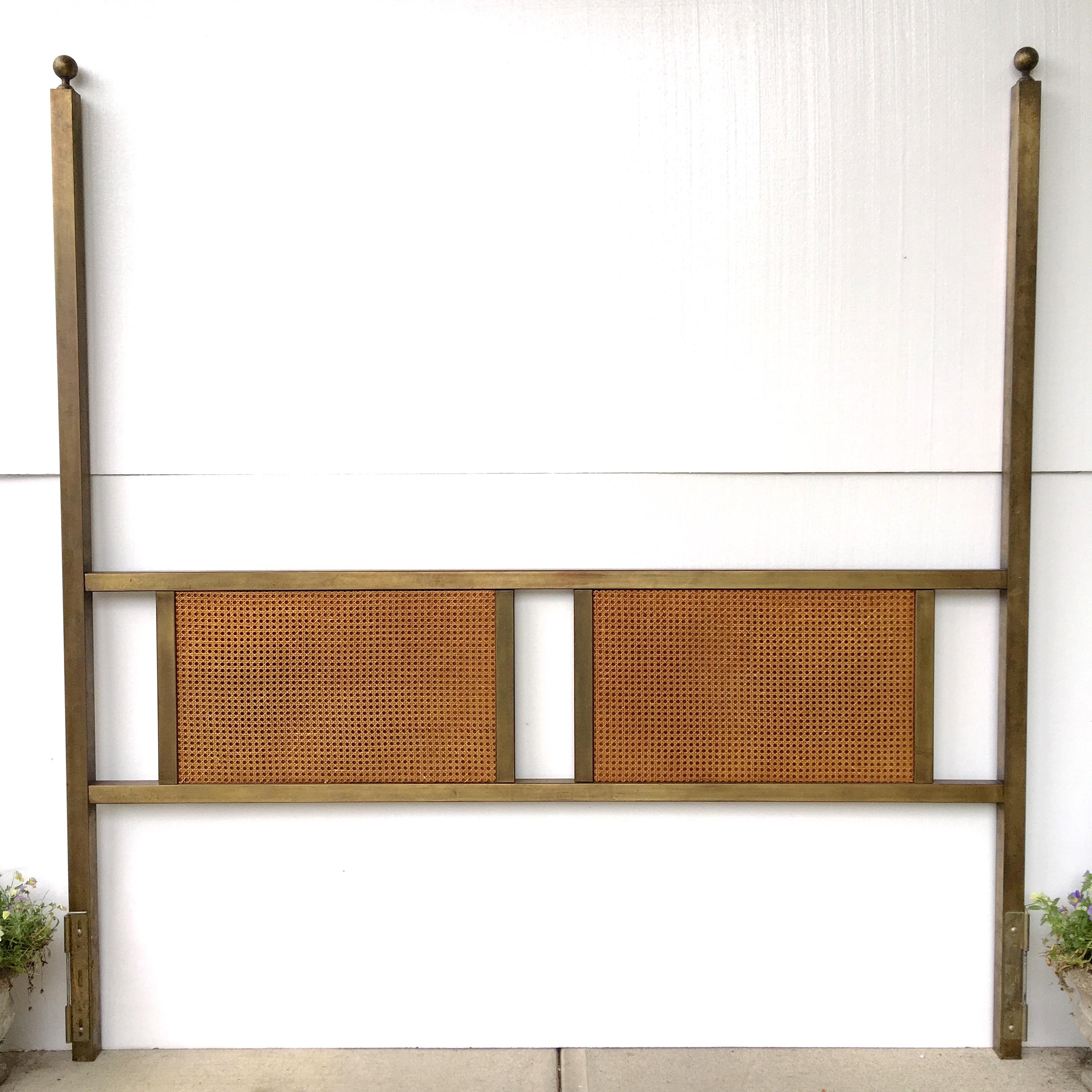 King-size 1960s two poster headboard in patinated bronze tone by John Widdicomb for John Stuart. 

Two rectangular caned panels embellish the headboard. These panels are easily dismounted should you wish to upholster them or change how they are