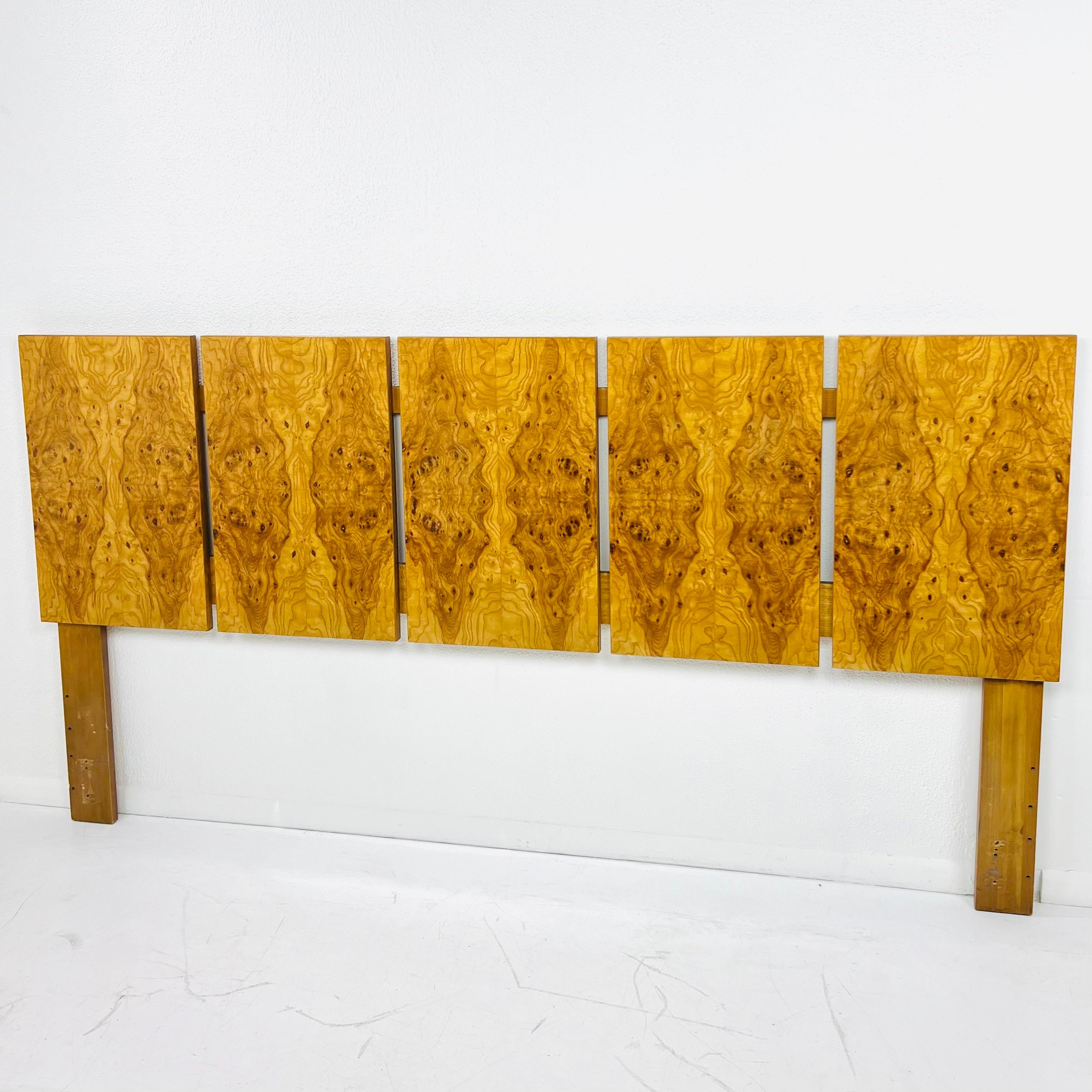 Stunning Vintage Mid-Century Modern king size burl wood headboard by Milo Baughman for Lane.

The timeless beauty of burl wood, a naturally occurring wood pattern, and clean modernist lines make this headboard a standout. Good vintage condition with