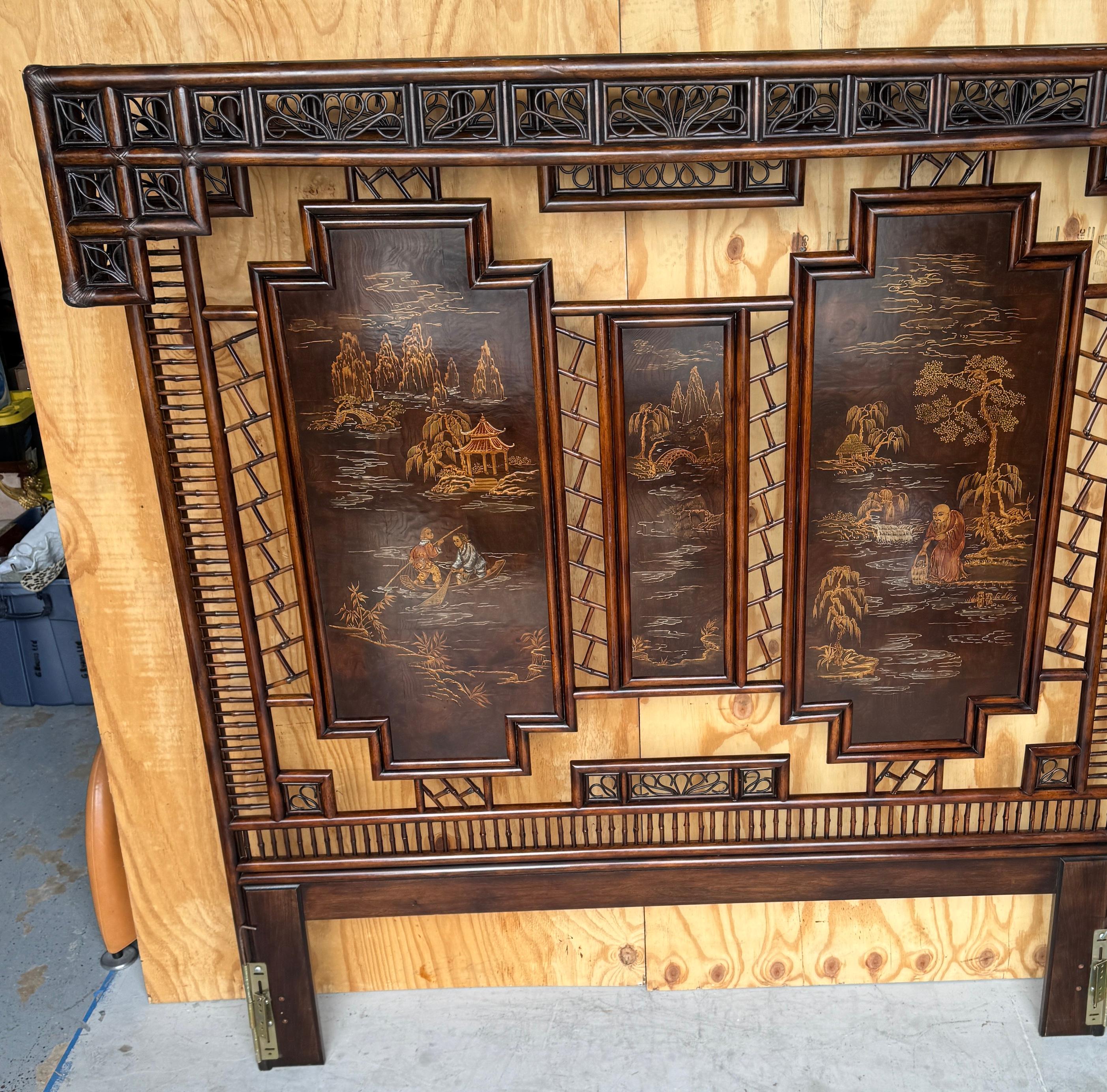 King Size Chinoiserie Rattan & Lacquered Canopy Headboard, by Henredon In Good Condition In West Palm Beach, FL