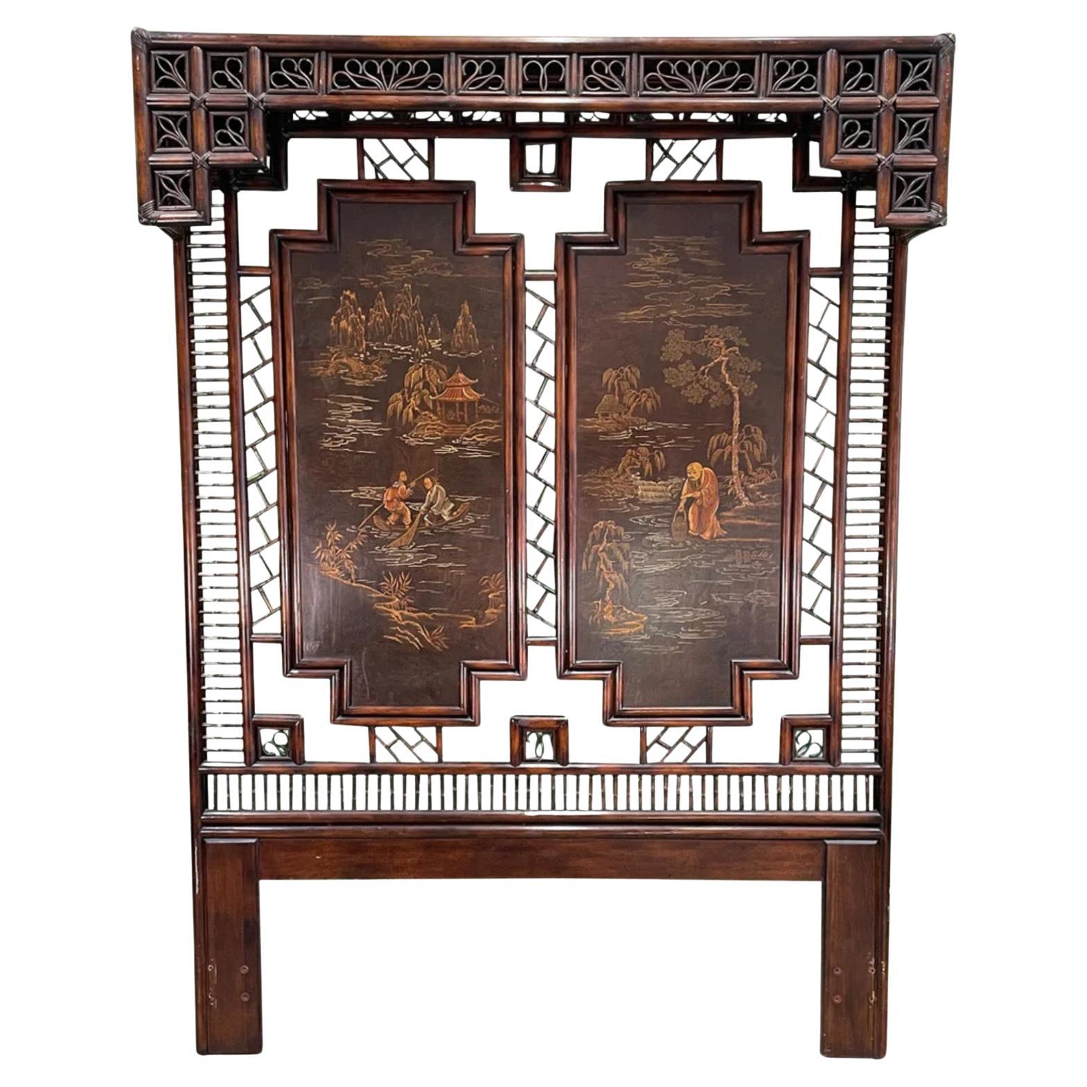 King Size Chinoiserie Rattan & Lacquered Canopy Headboard, by Henredon