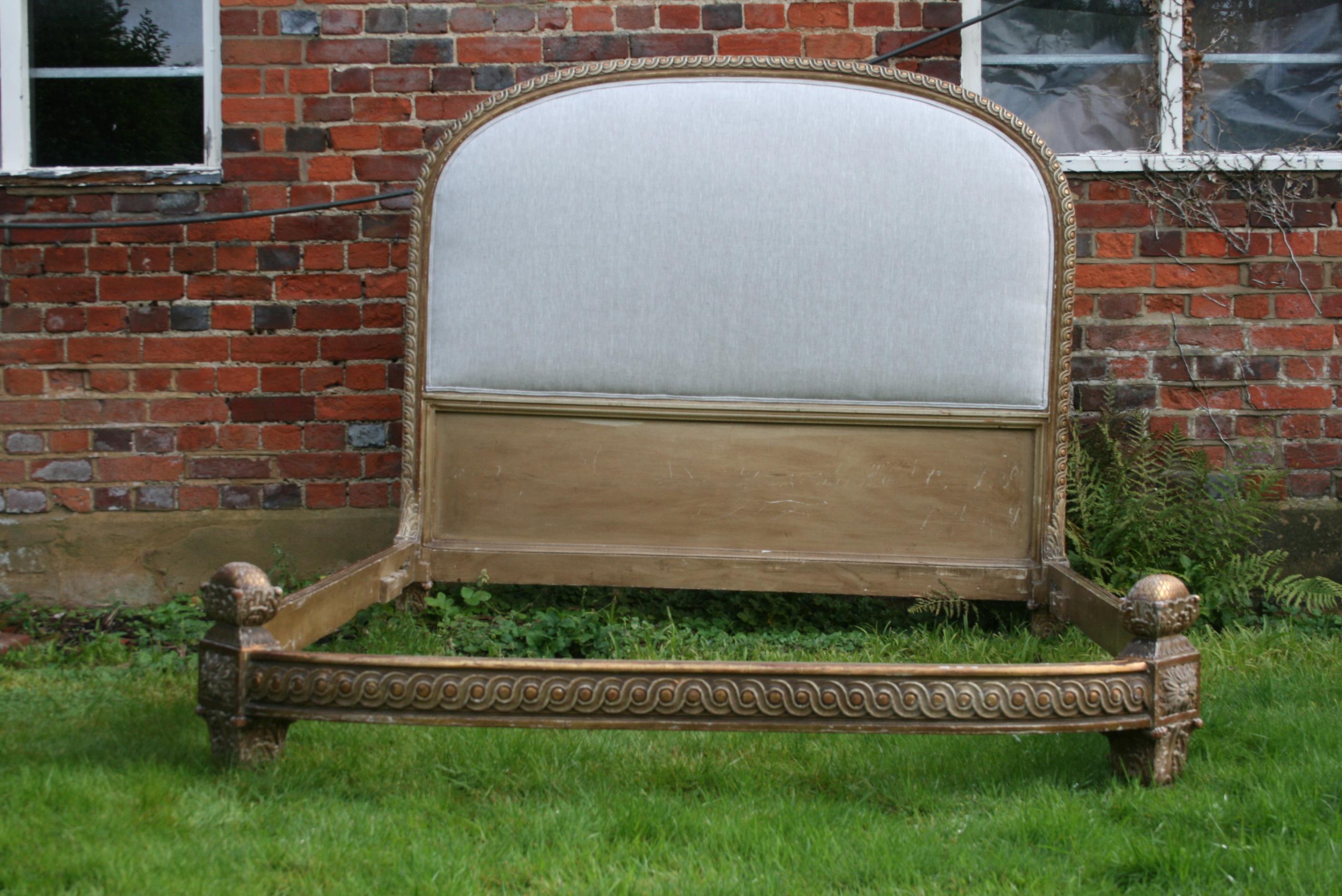 A king size French bed in original gilt and paint finish. Having a D-shaped end it will need a custom mattress or a good upholsterer to adapt one. This is English king size not USA.