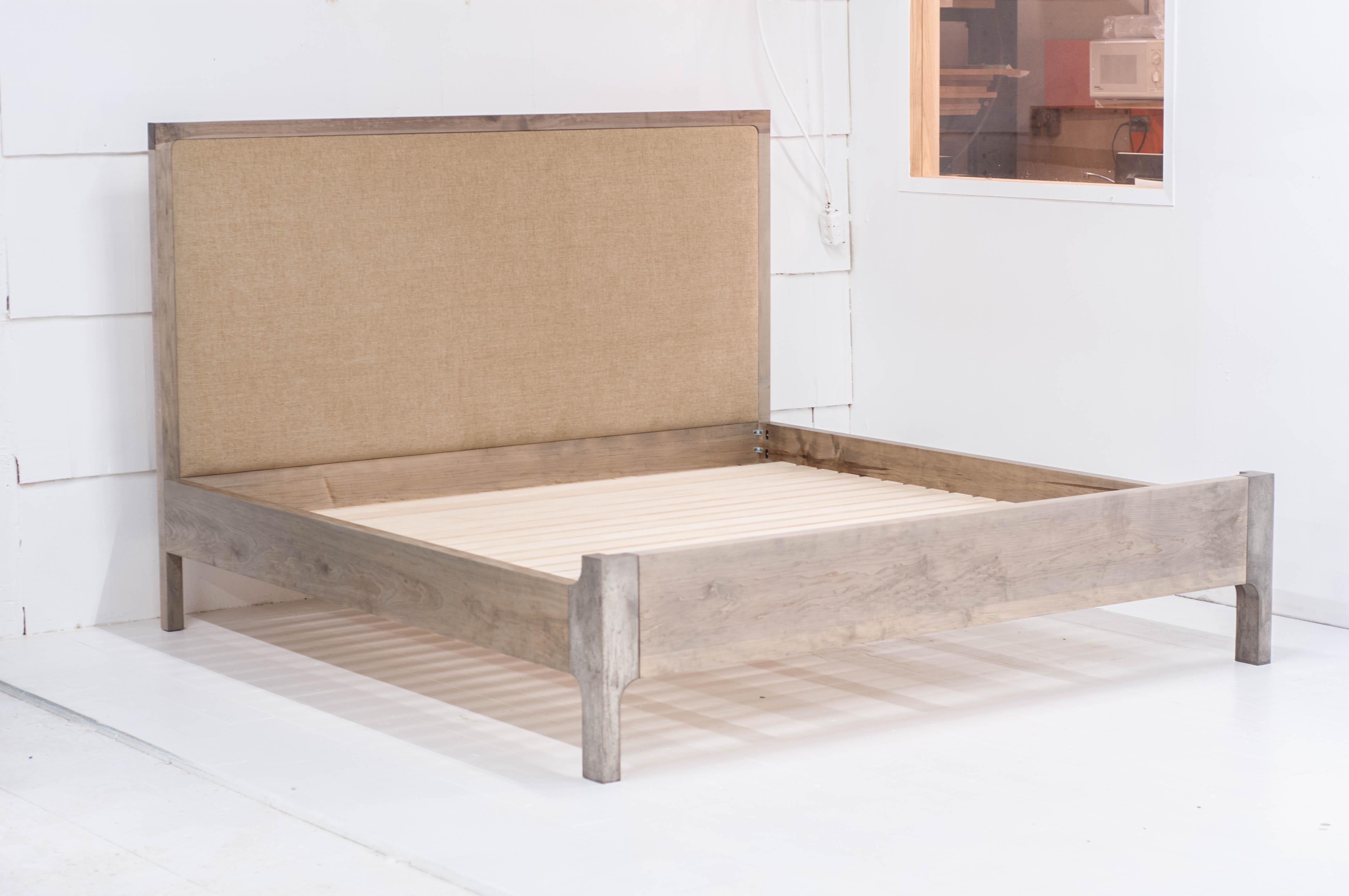 Bronze King Size Goby Bed in Oxidized Maple, Upholstered Headboard, Silver Plated Legs