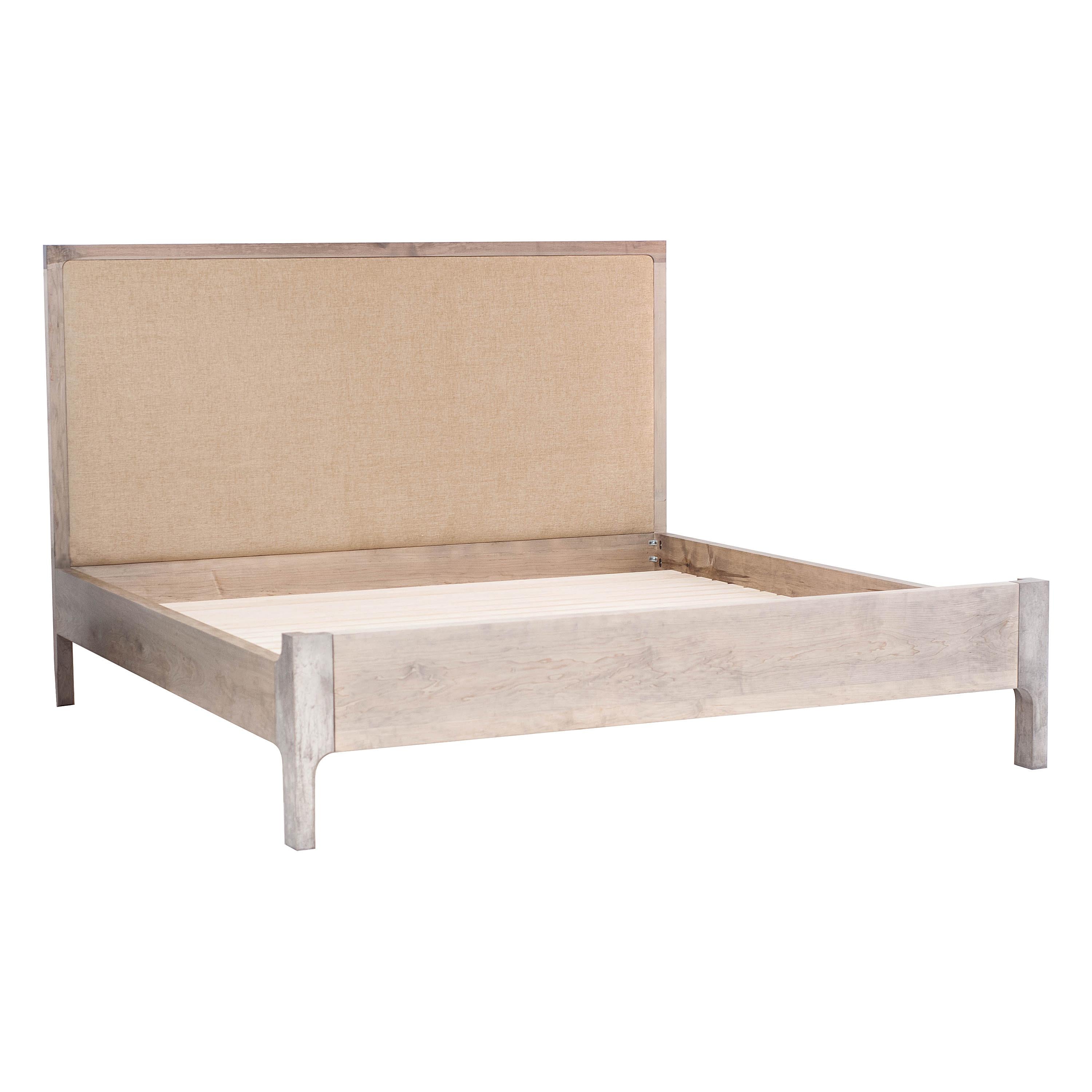 King Size Goby Bed in Oxidized Maple, Upholstered Headboard, Silver Plated Legs