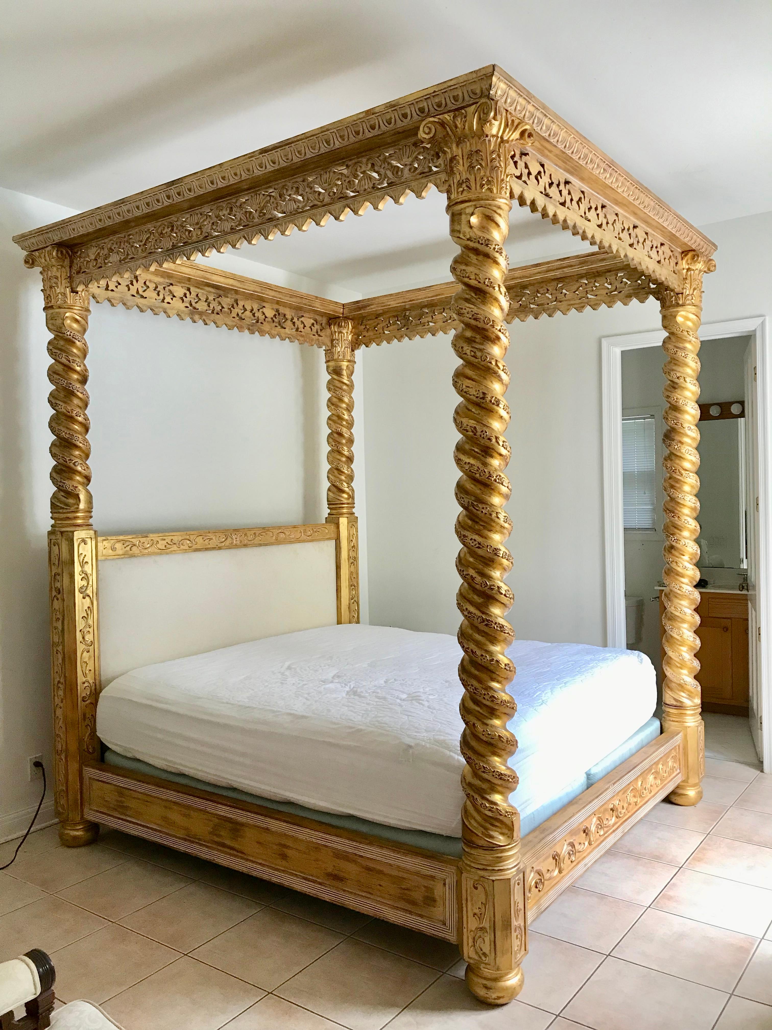 Magnificent carving and gilding. Custom made in Italy in 1960s.
Wonderful scale. Fabulously detailed with Solomonic style columns.
One of a kind. And truly a bed fit for a king !
Outstanding scale and eye appeal.
 (measurements are approximate).