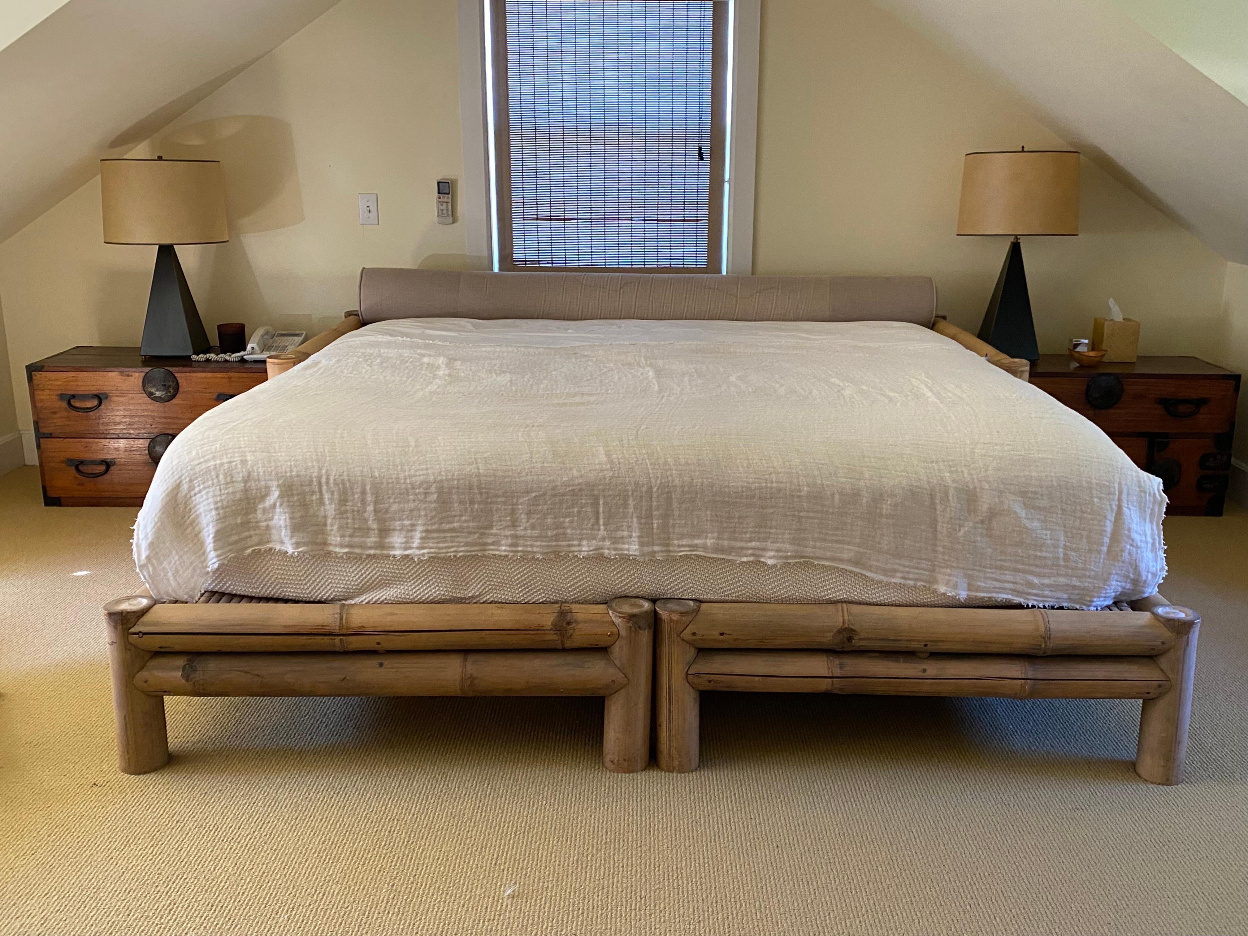 King Size Large Bamboo Bed Frame
Two twin sized double layer extra large diameter bamboo rods make up frame bases with single large bamboo arms on either side of twin bed to make up a king size bed. Bed is constructed entirely out of bamboo: rods, a