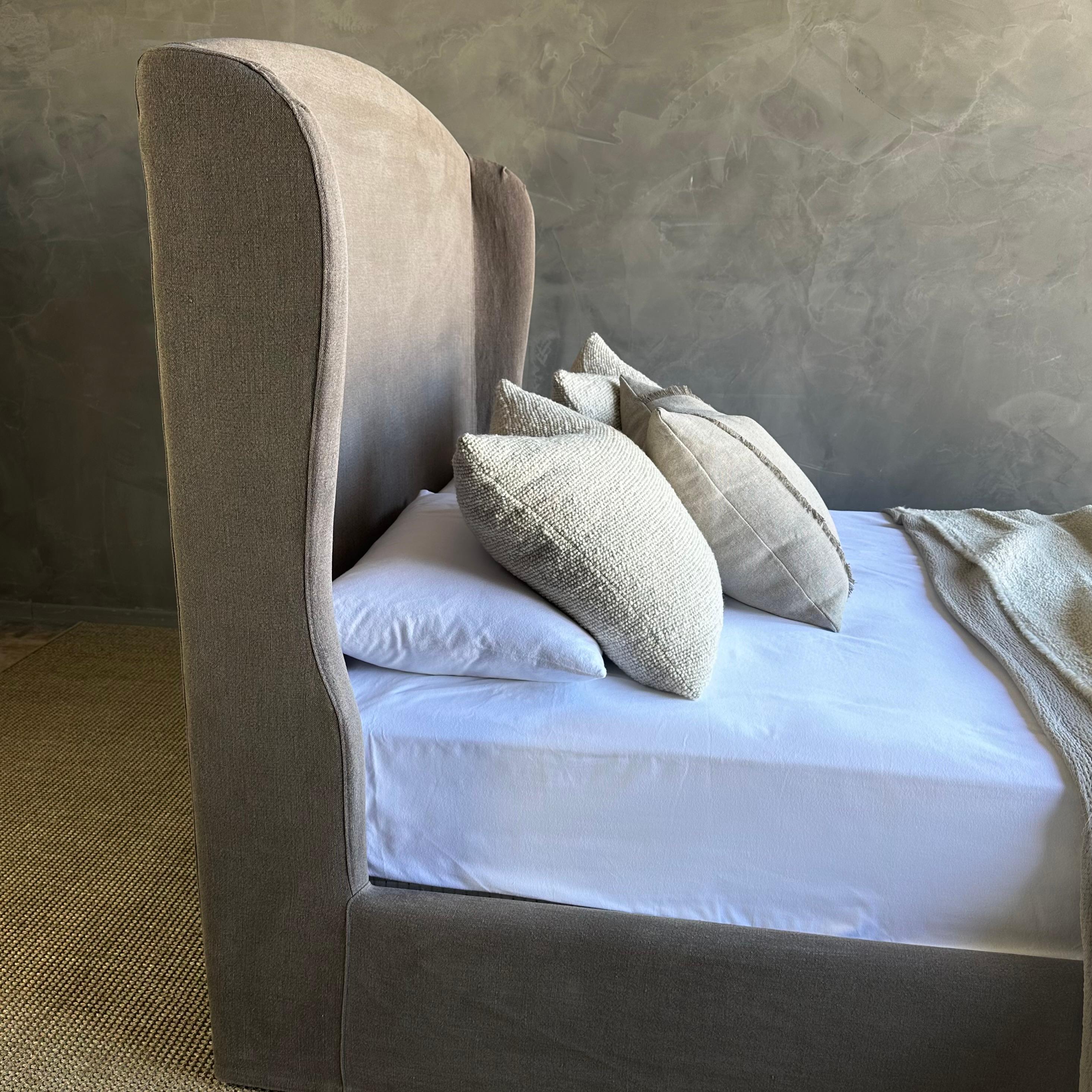 Contemporary King Size Linen Slip Covered Bed For Sale