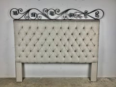 King Size Linen Upholstered Wrought Iron Scrolled Headboard