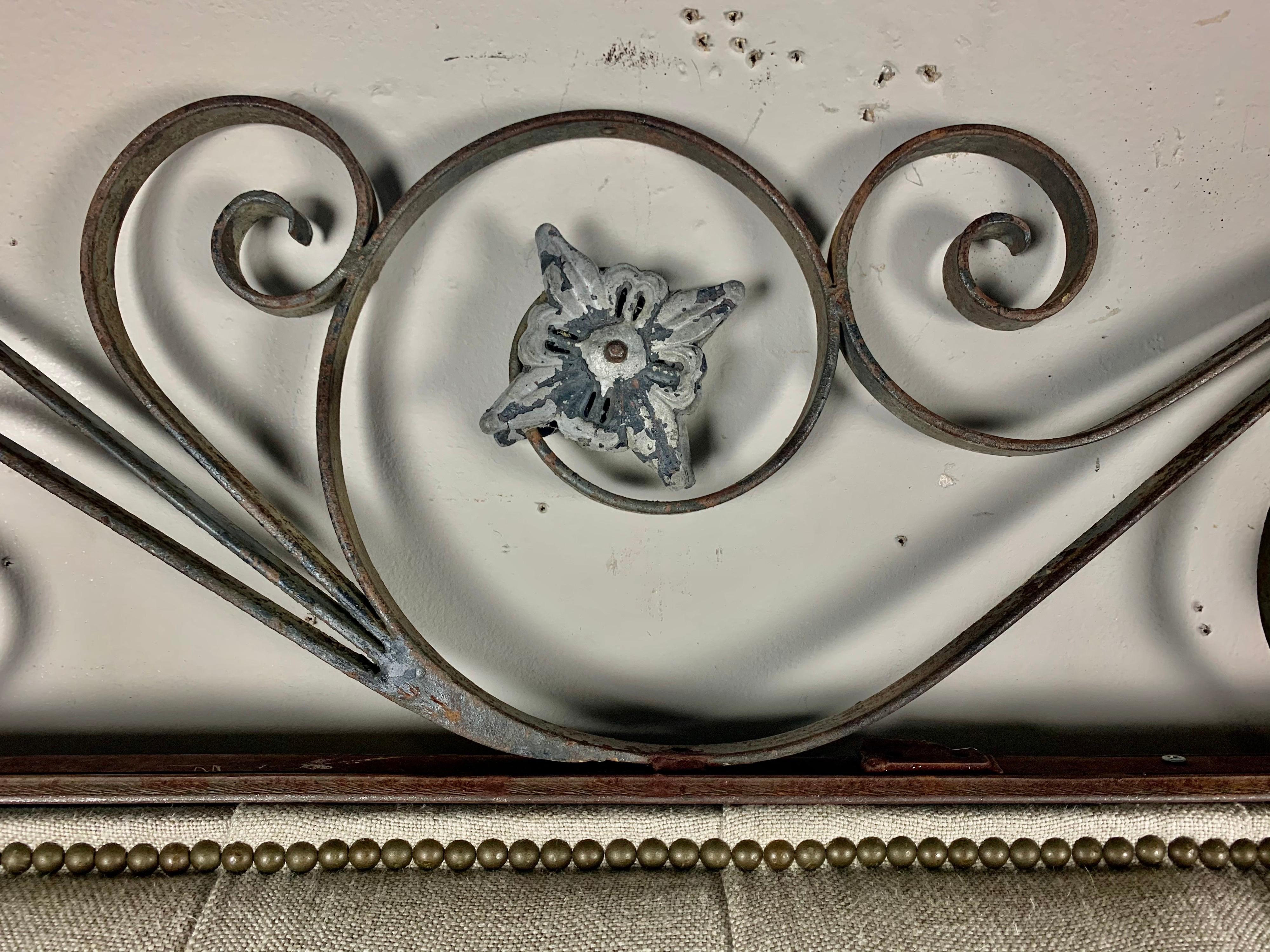 King Size Linen Upholstered Wrought Iron Scrolled Headboard In Distressed Condition For Sale In Los Angeles, CA