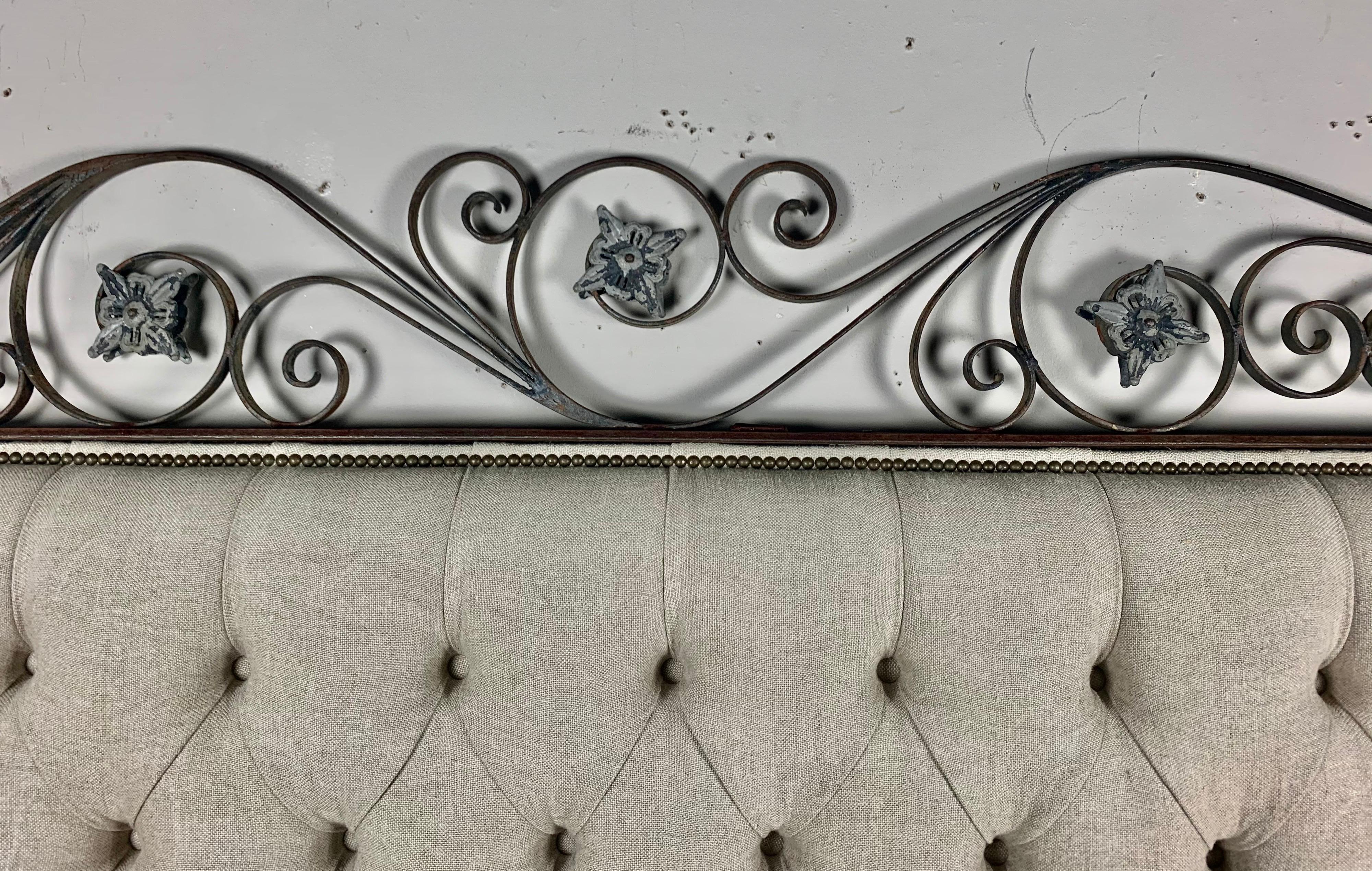 19th Century King Size Linen Upholstered Wrought Iron Scrolled Headboard For Sale