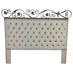 Antique King Size Linen Upholstered Wrought Iron Scrolled Headboard