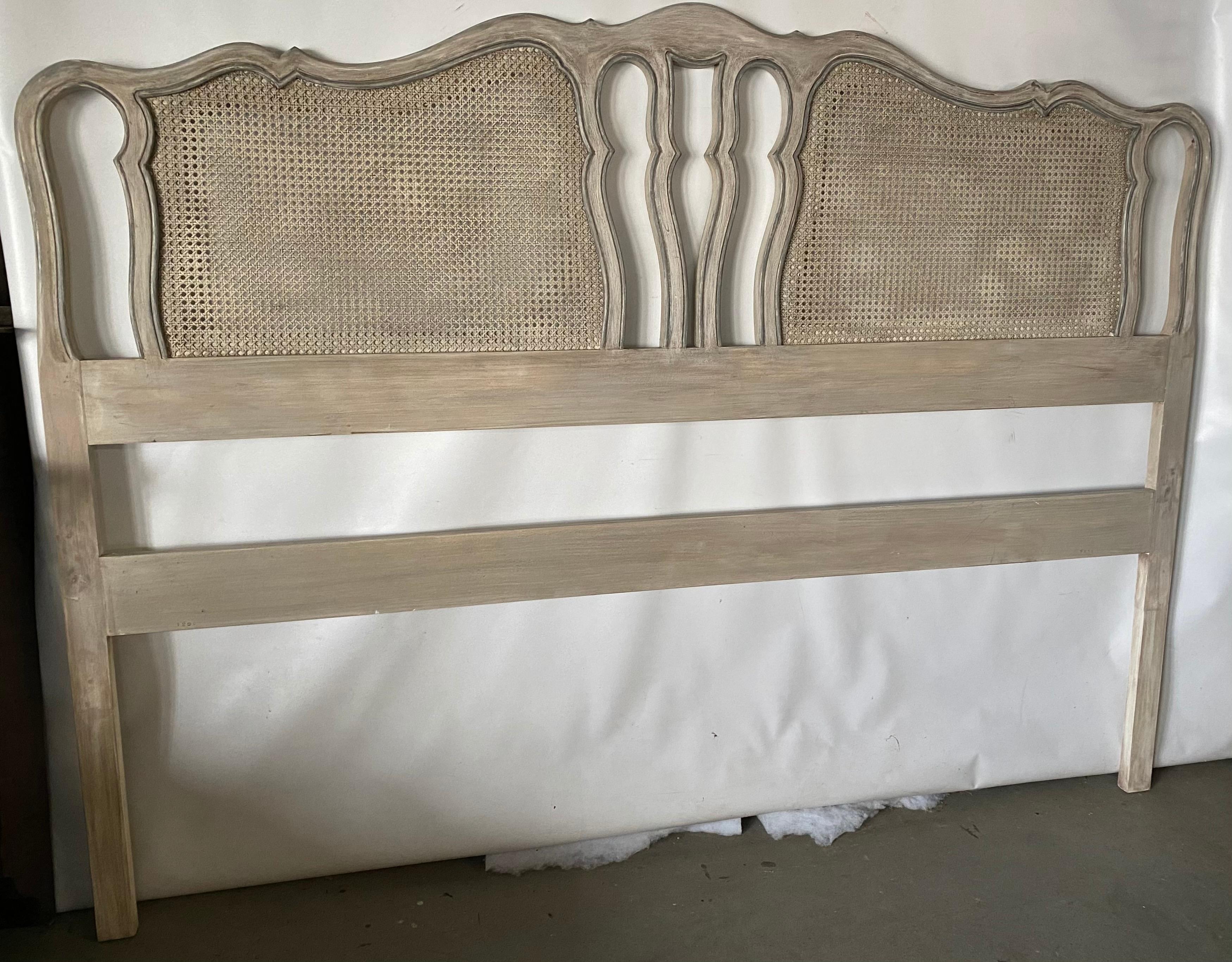 Vintage French Louis XV Provincial style painted king size headboard with caning. This king size bed is suitable for many decors -- Neoclassical, Hollywood Regency, Swedish Gustavian or contemporary modern decor.
 