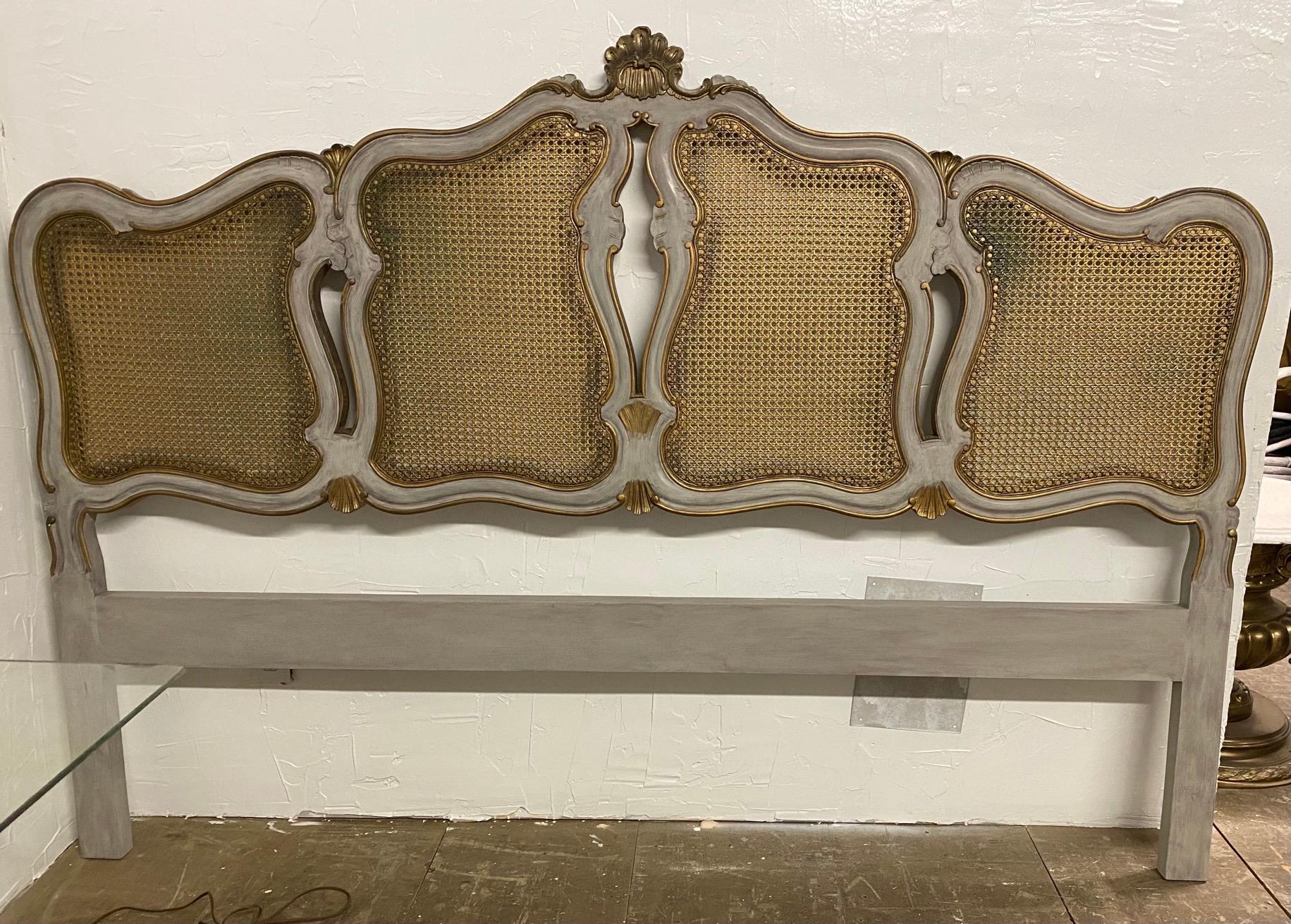 Add glamour to the bedroom with this vintage French Louis XV Provincial style painted king size headboard with caning. This king size bed is suitable for many decors -- neoclassical, Hollywood Regency, Swedish Gustavian or contemporary modern decor.