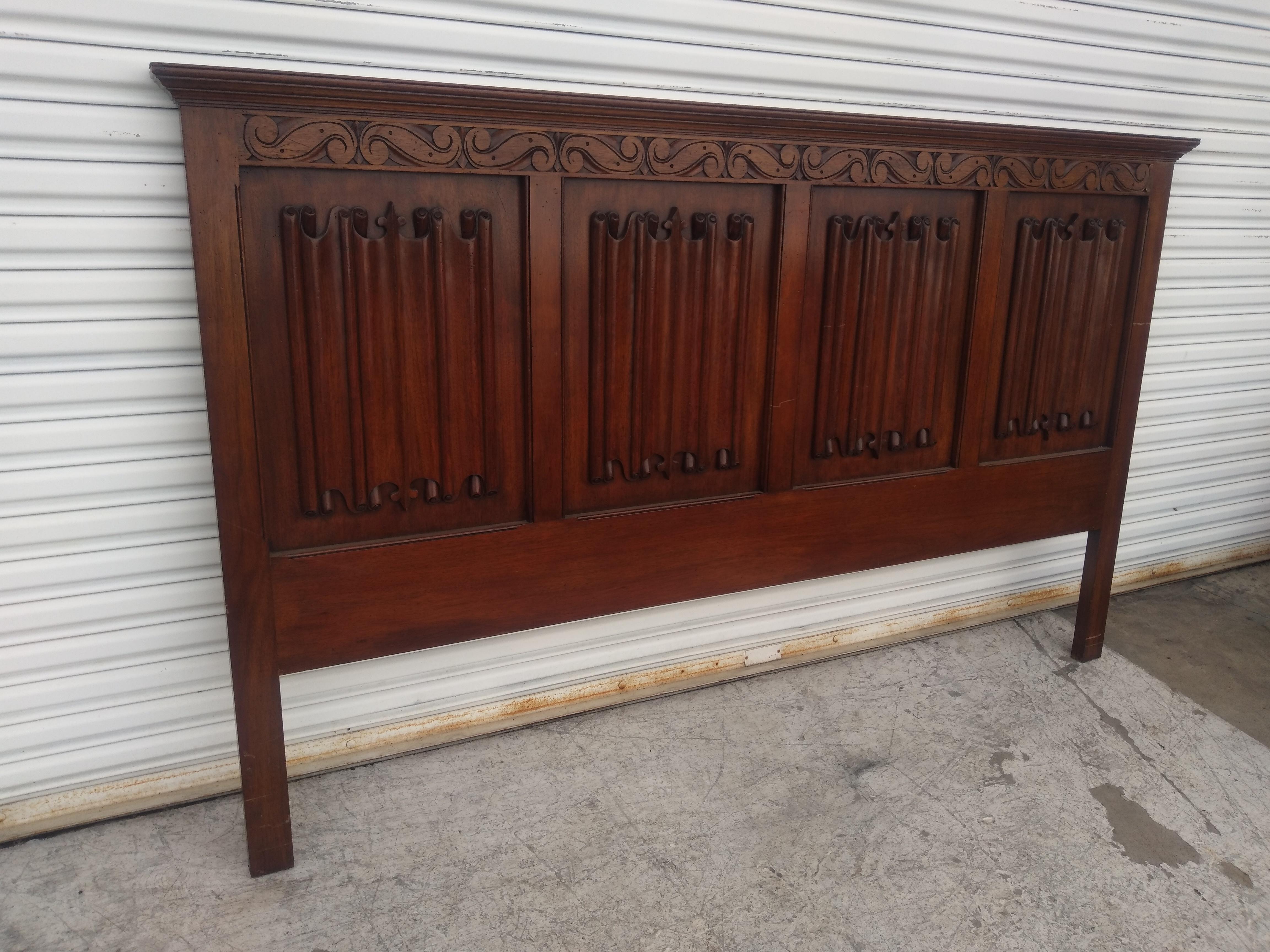 American King Size Mahogany Headboard with Scrolled Panels For Sale
