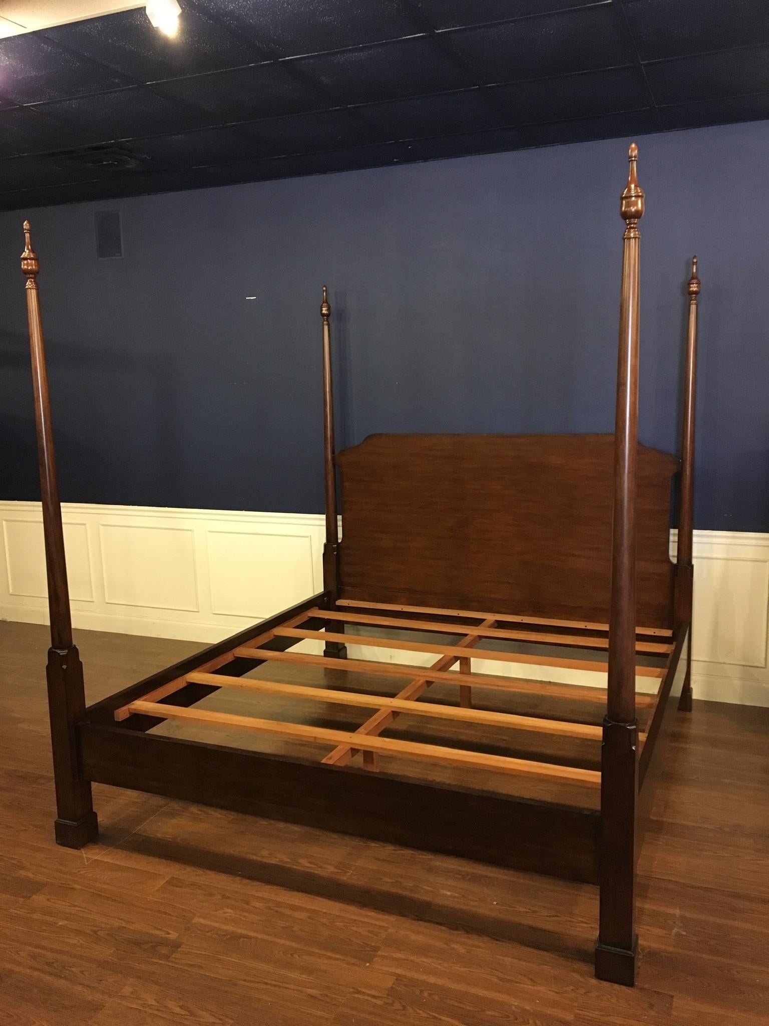 This is a new traditional king size mahogany Pencil Post Bed by Leighton Hall Furniture. It’s design was inspired by poster beds from the Regency period and features simple round tapered posts and a straight grain mahogany headboard.

Approximate