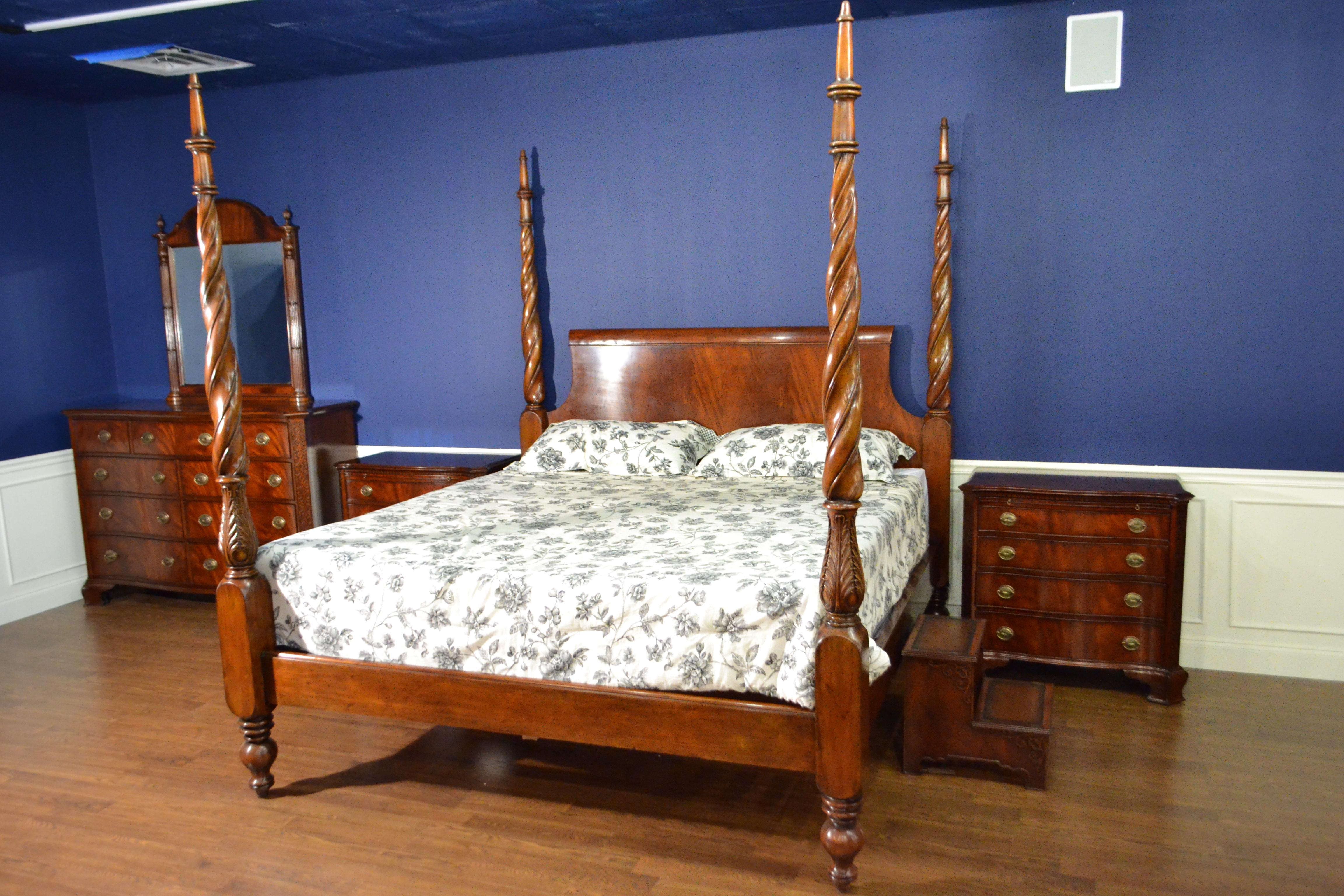 This is a new traditional king size mahogany Plantation poster bed by Leighton Hall Furniture. It’s design was inspired by Caribbean poster beds from the Regency period and features hand carved posts and a crotch mahogany headboard.

Approximate