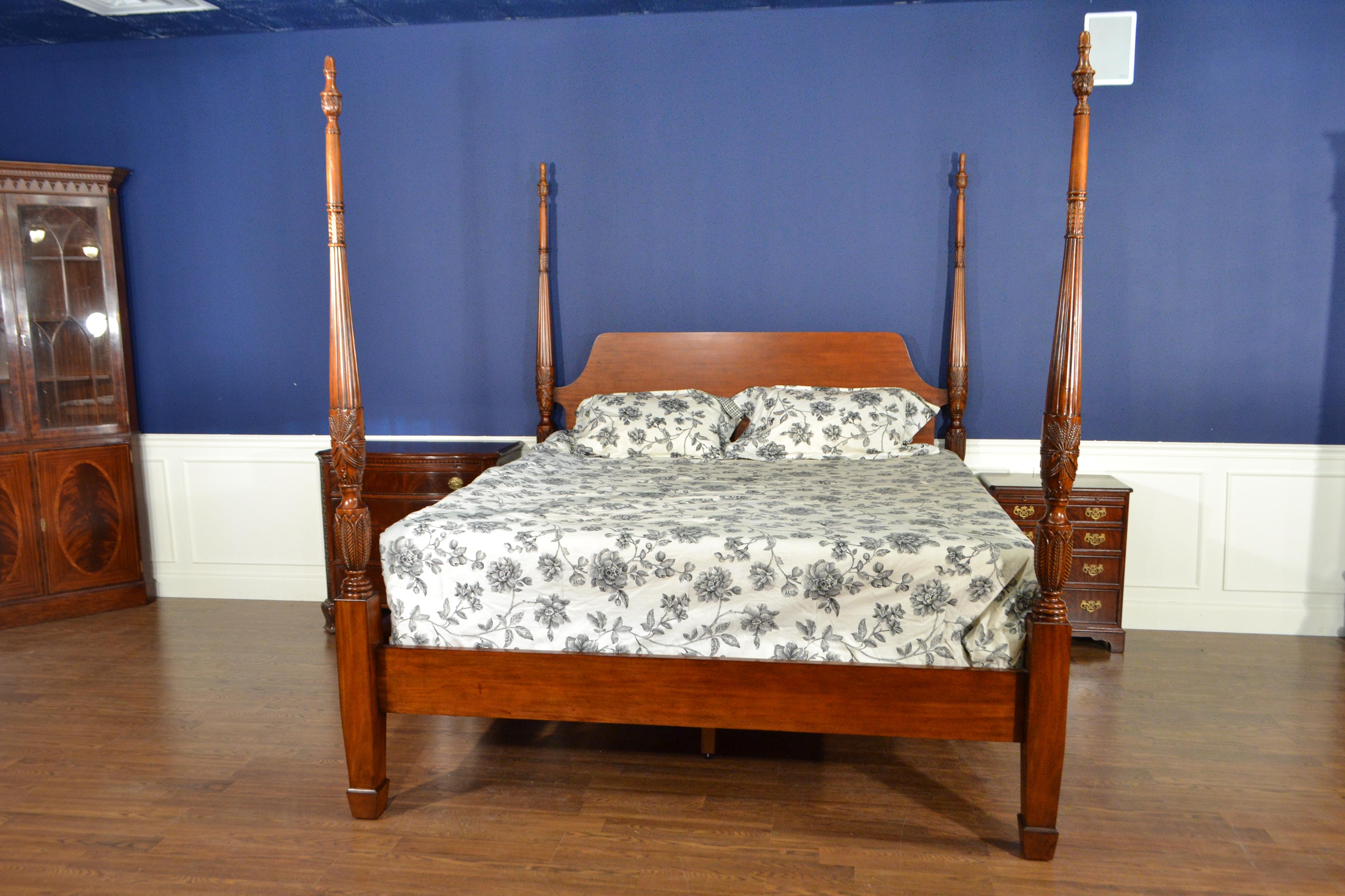 This is a new traditional king size mahogany rice carved poster bed by Leighton Hall Furniture. It’s design was inspired by poster beds from the Regency period and features handmade rice carved posts which are fluted and tapered and a straight grain