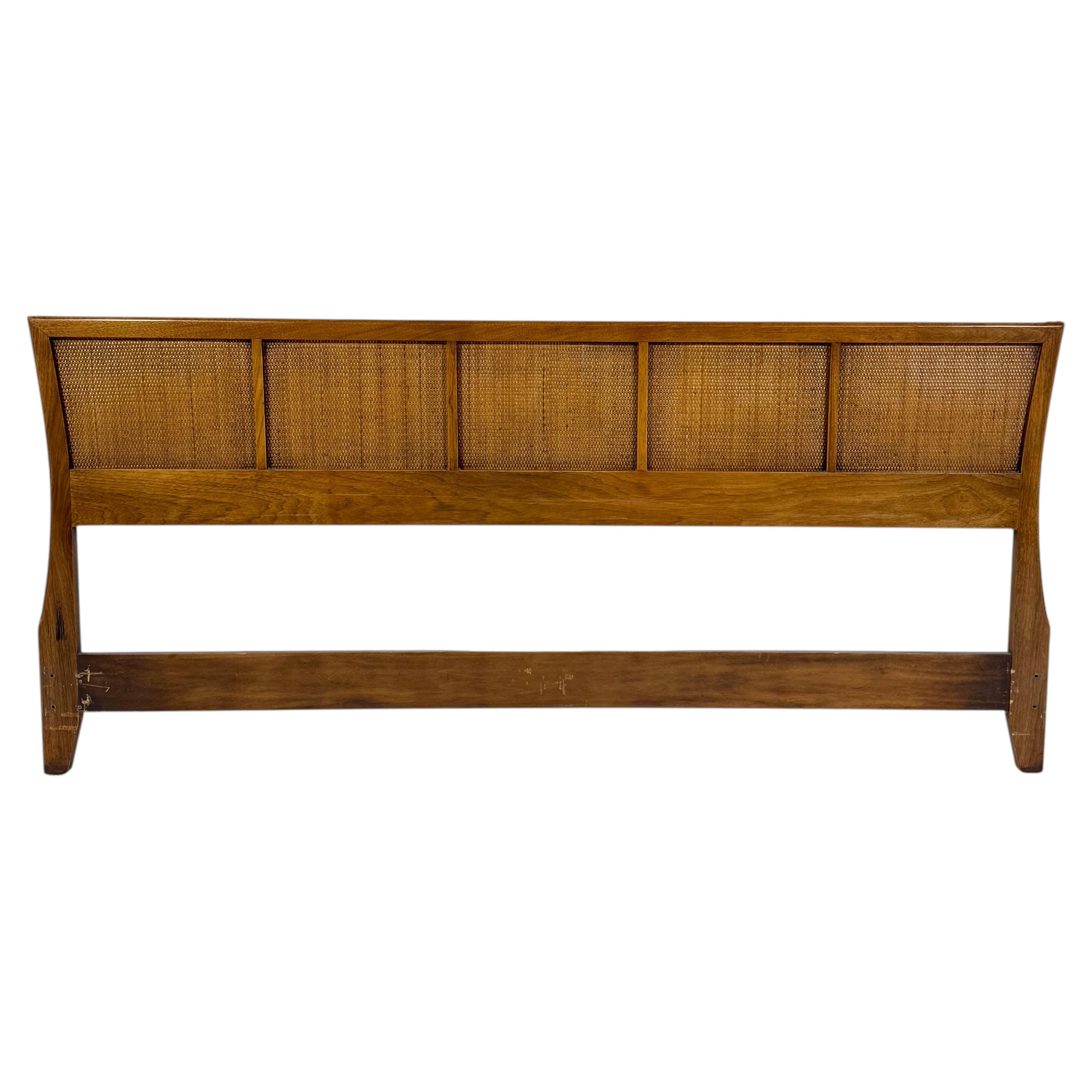King Size Mid-Century Modern Headboard Walnut and Cane