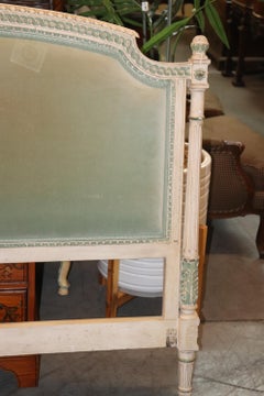 King Size Paint Decorated Blue Velvet Upholstered French Louis XVI Headboard