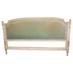 King Size Paint Decorated Blue Velvet Upholstered French Louis XVI Headboard