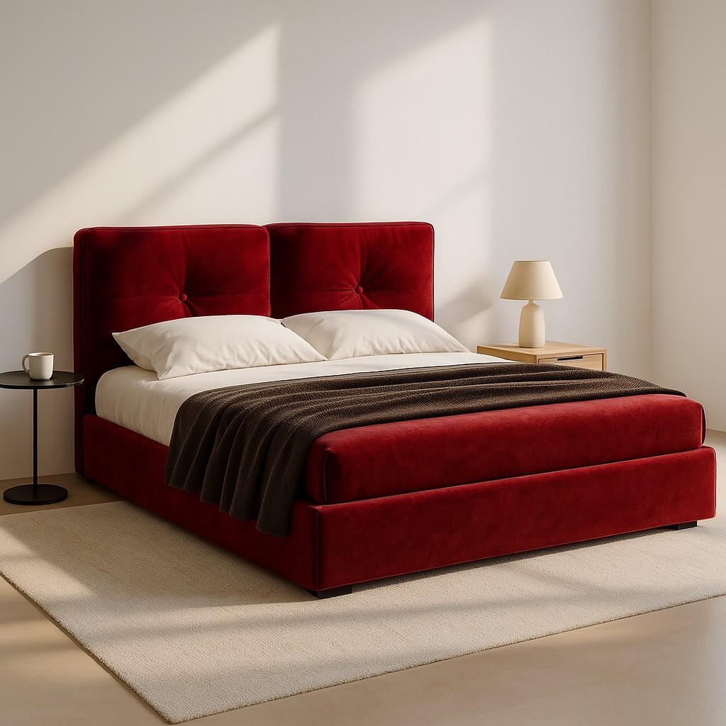 Tissu Lit à plateforme King Size avec tête de lit à deux panneaux en velours en vente
