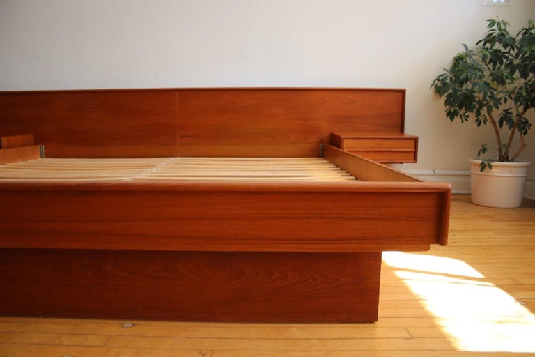 King Size Teak Danish Modern Platform Bed with Floating Nightstands at