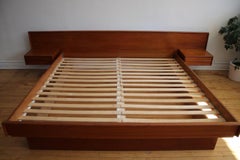 King Size Teak Danish Modern Platform Bed with Floating Nightstands