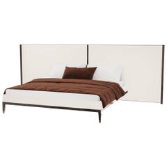 King Size Thyia 125 XL Italian Curved Bed in Ivory Bouclé Fabric & Wooden Base