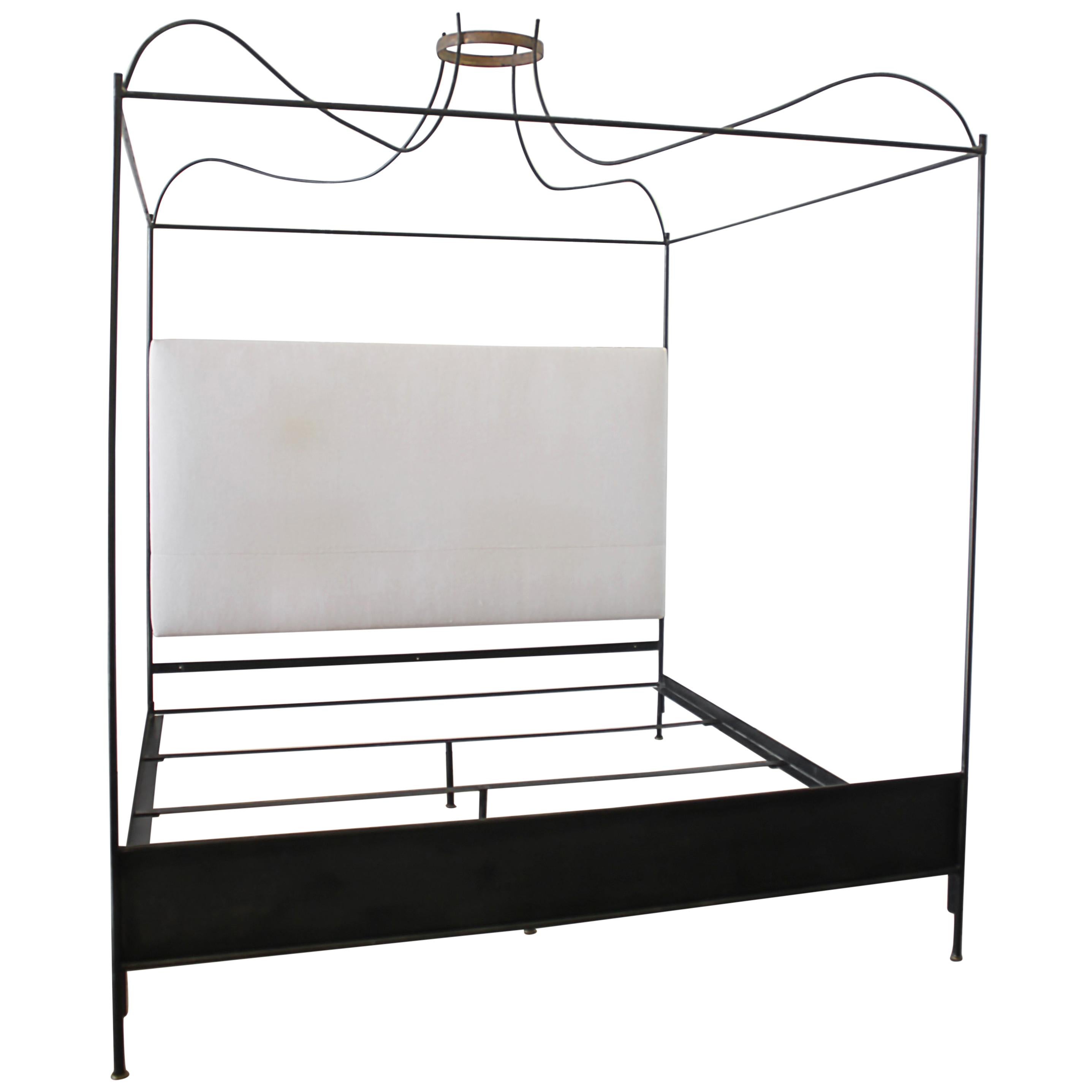 King Size Venetian Iron Canopy Bed with Upholstered Antique Linen Headboard