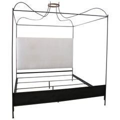 King Size Venetian Iron Canopy Bed with Upholstered Antique Linen Headboard