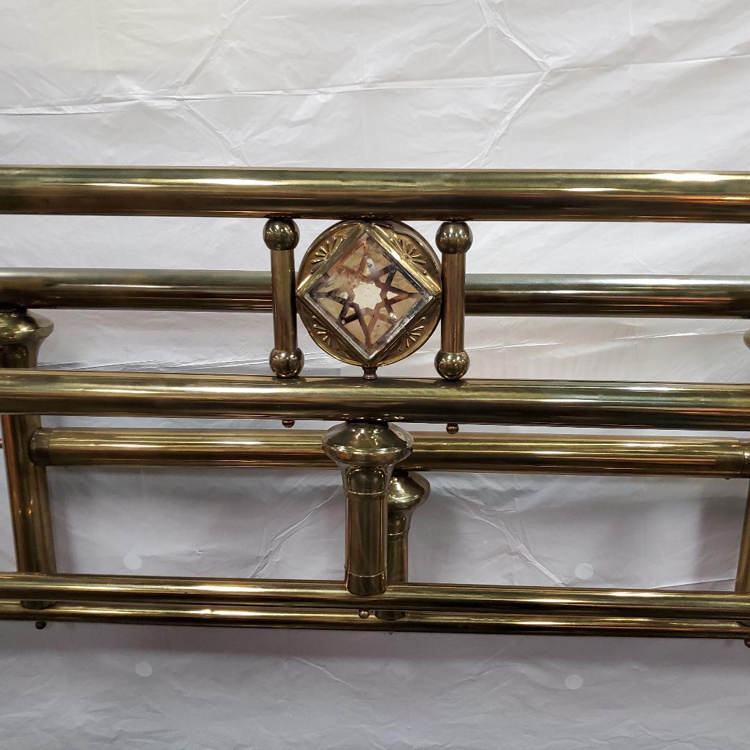 King Size Vintage Brass Bed Frame With Large Decorative Medallion Accent 1960s 5