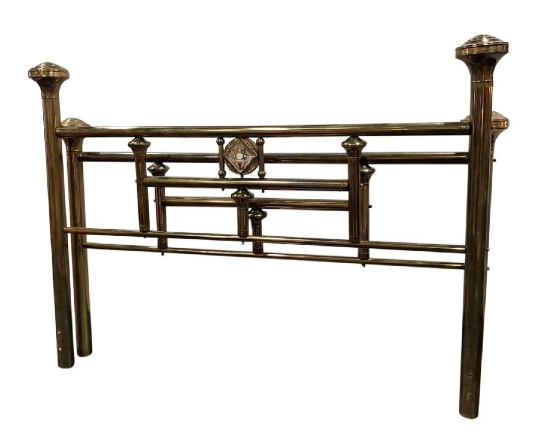 King Size Vintage Brass Bed Frame With Large Decorative Medallion Accent 1960s 7