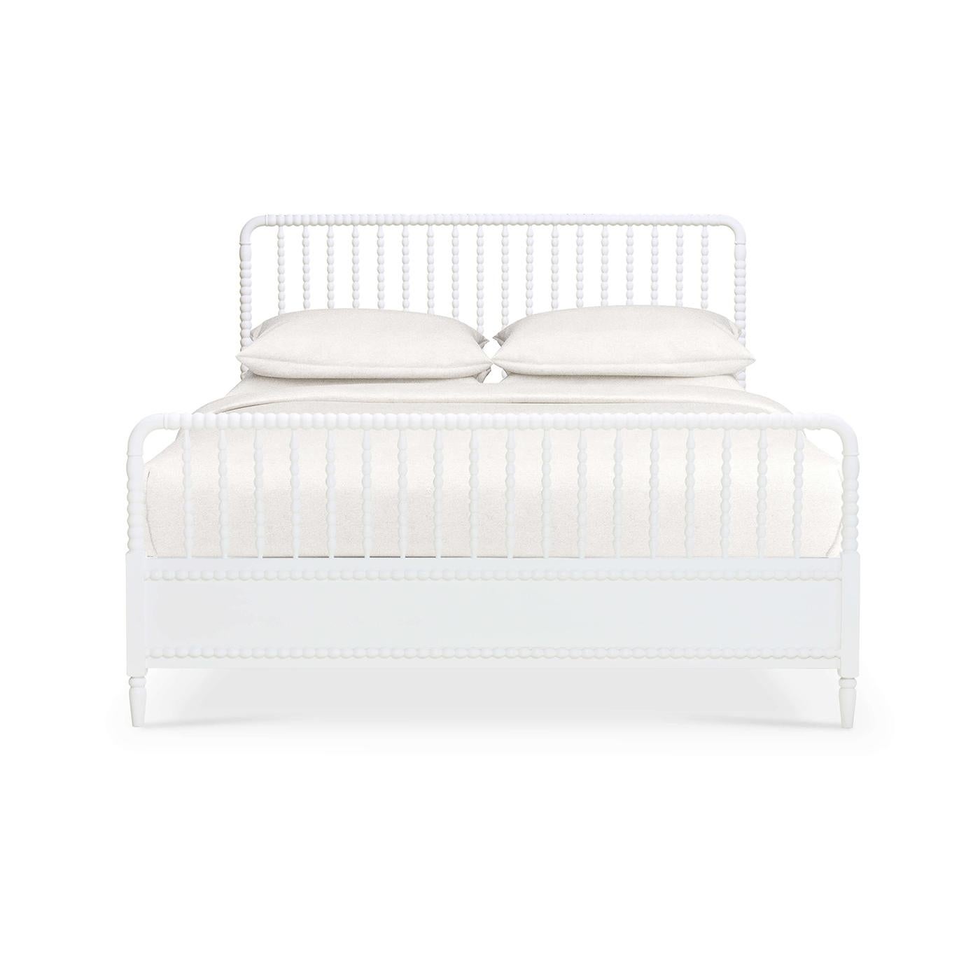 Constructed with mahogany and in our lightly distressed Architectural White finish. This beautifully crafted bedframe combines classic design elements with sturdy construction, creating a timeless centerpiece for your bedroom.

Features intricately