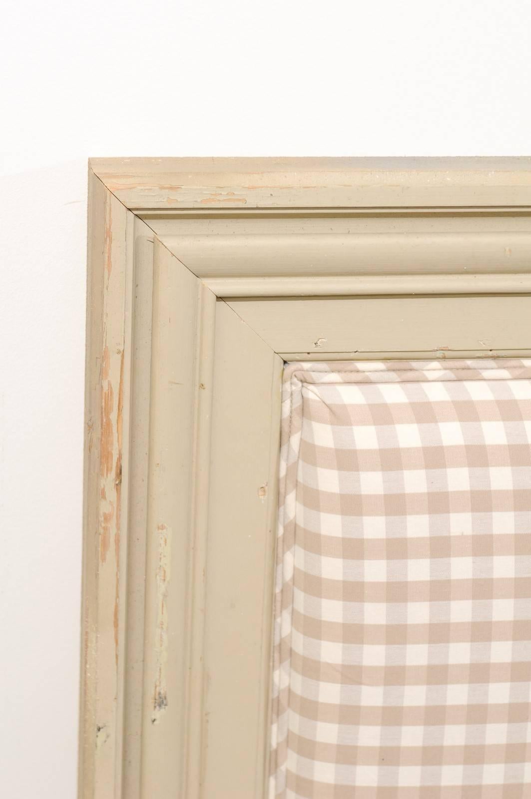 Upholstery King-Size Wood and Plaid Fabric Headboard Made of Antique French Door Molding