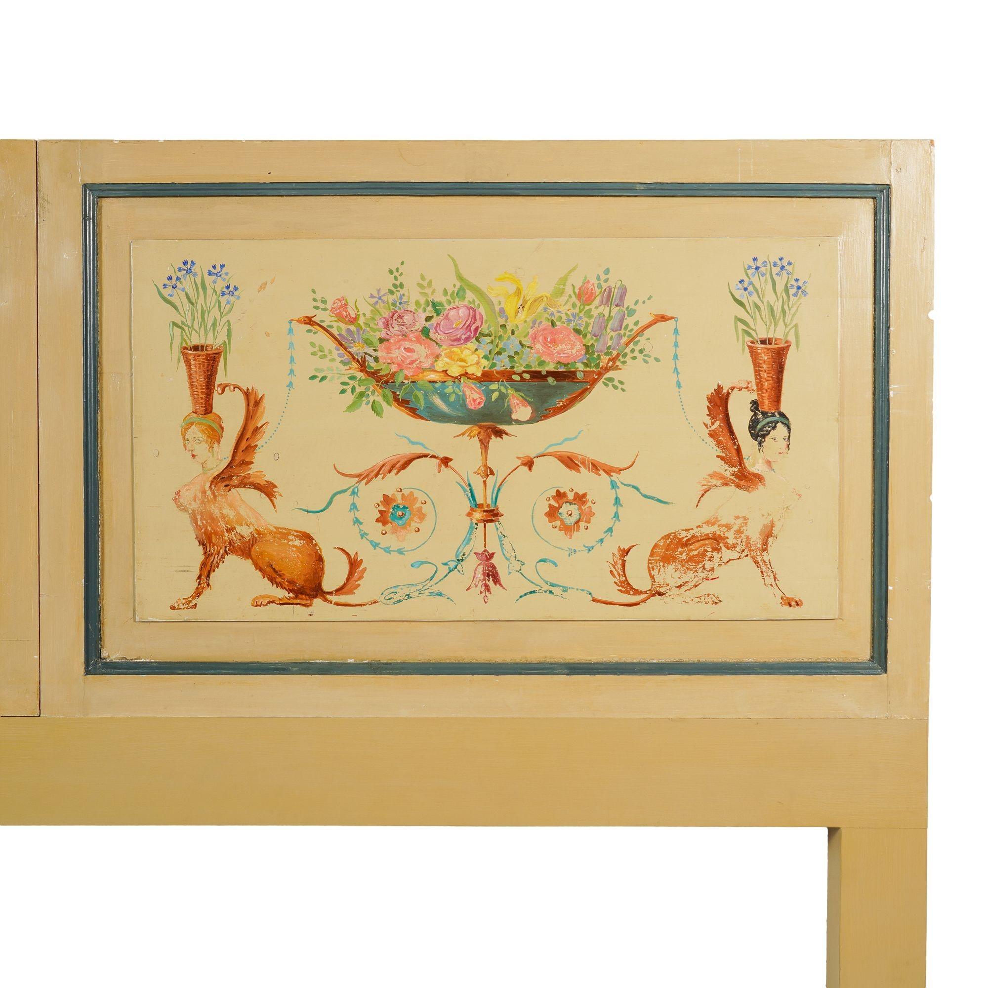 King sized headboard of Danish painted panels in the Pompeiian taste, 1890 In Good Condition For Sale In Kenilworth, IL