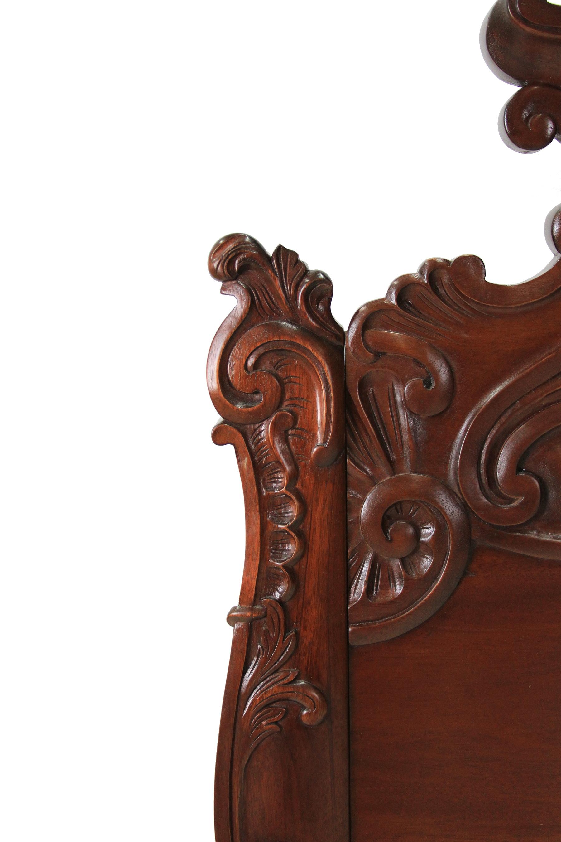 Spanish Colonial King Solid Mahogany Hand Carved Spanish Rococo Style Bed with Ball & Claw Foot For Sale