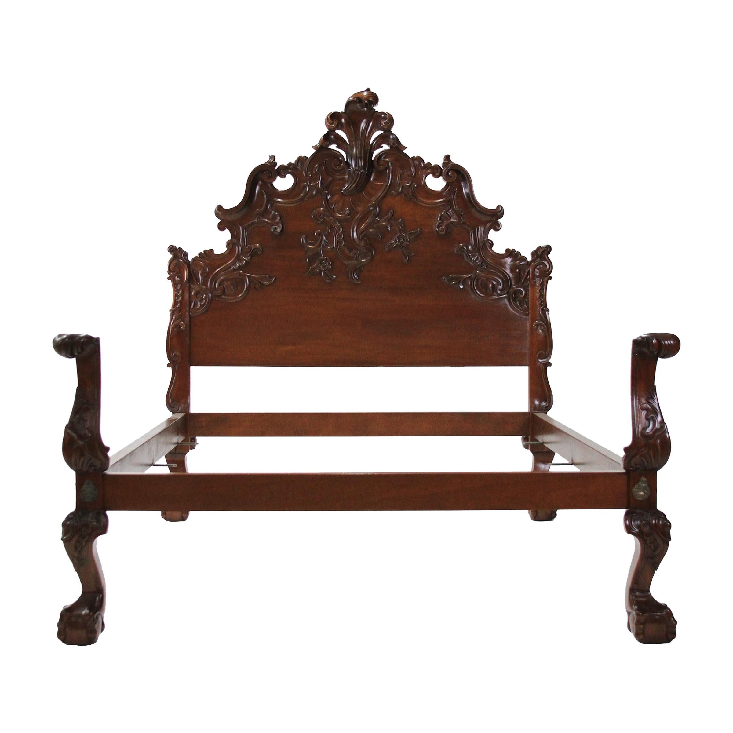 King Solid Mahogany Hand Carved Spanish Rococo Style Bed with Ball & Claw Foot For Sale