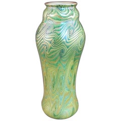 King Tut Swirling Pattern Iridescent Gold Green Tall Art Glass, 20th Century