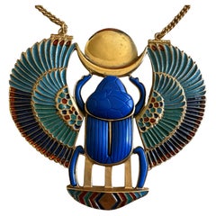 King Tutankhamun Fattorini 1972 Faux Lapis Lazuli Enamel Scarab Pendant Necklace