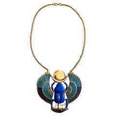 King Tutankhamun Fattorini 1972 Faux Lapis Lazuli Enamel Scarab Pendant Necklace