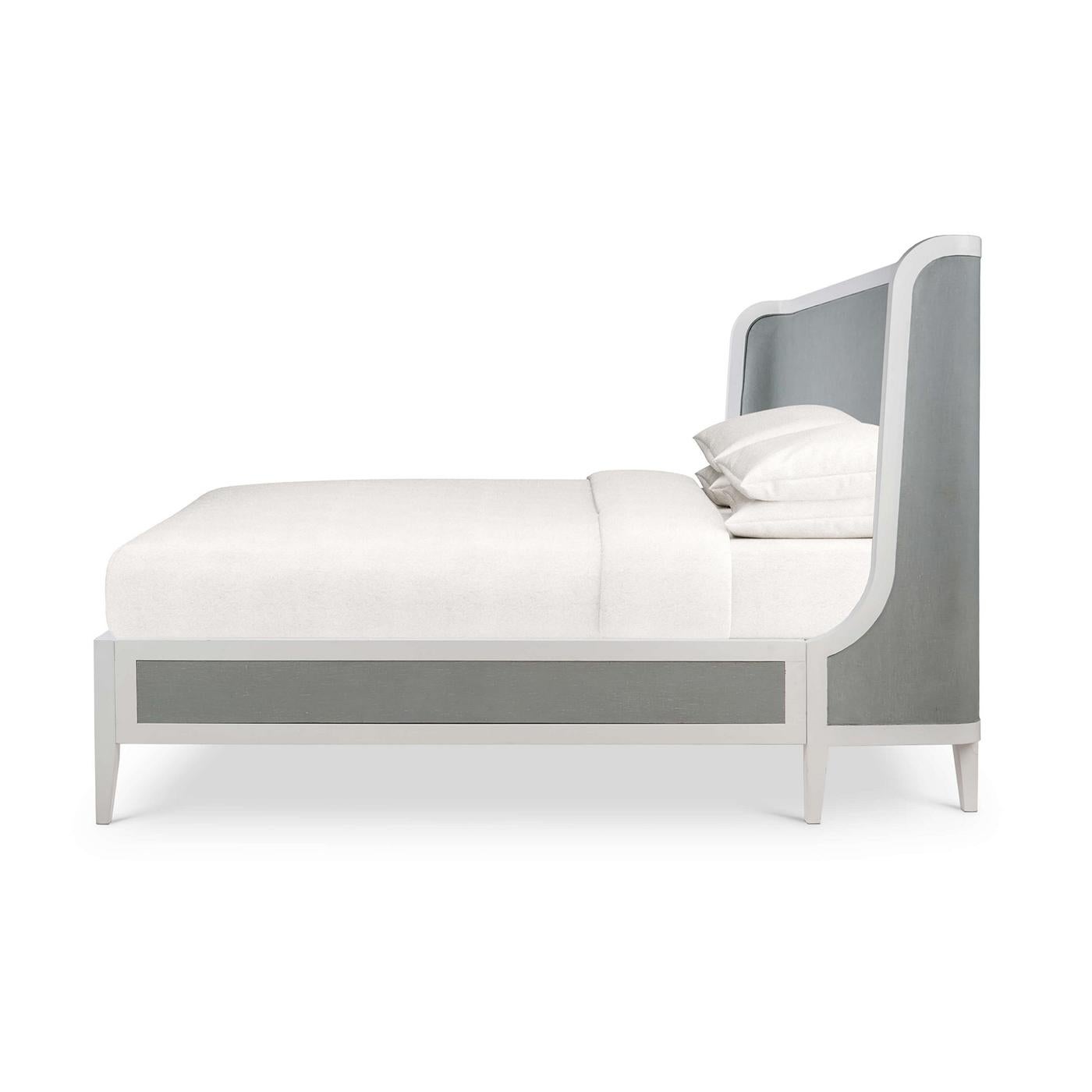 Mid-Century Modern King Upholstered and Linen Wrapped Bed For Sale